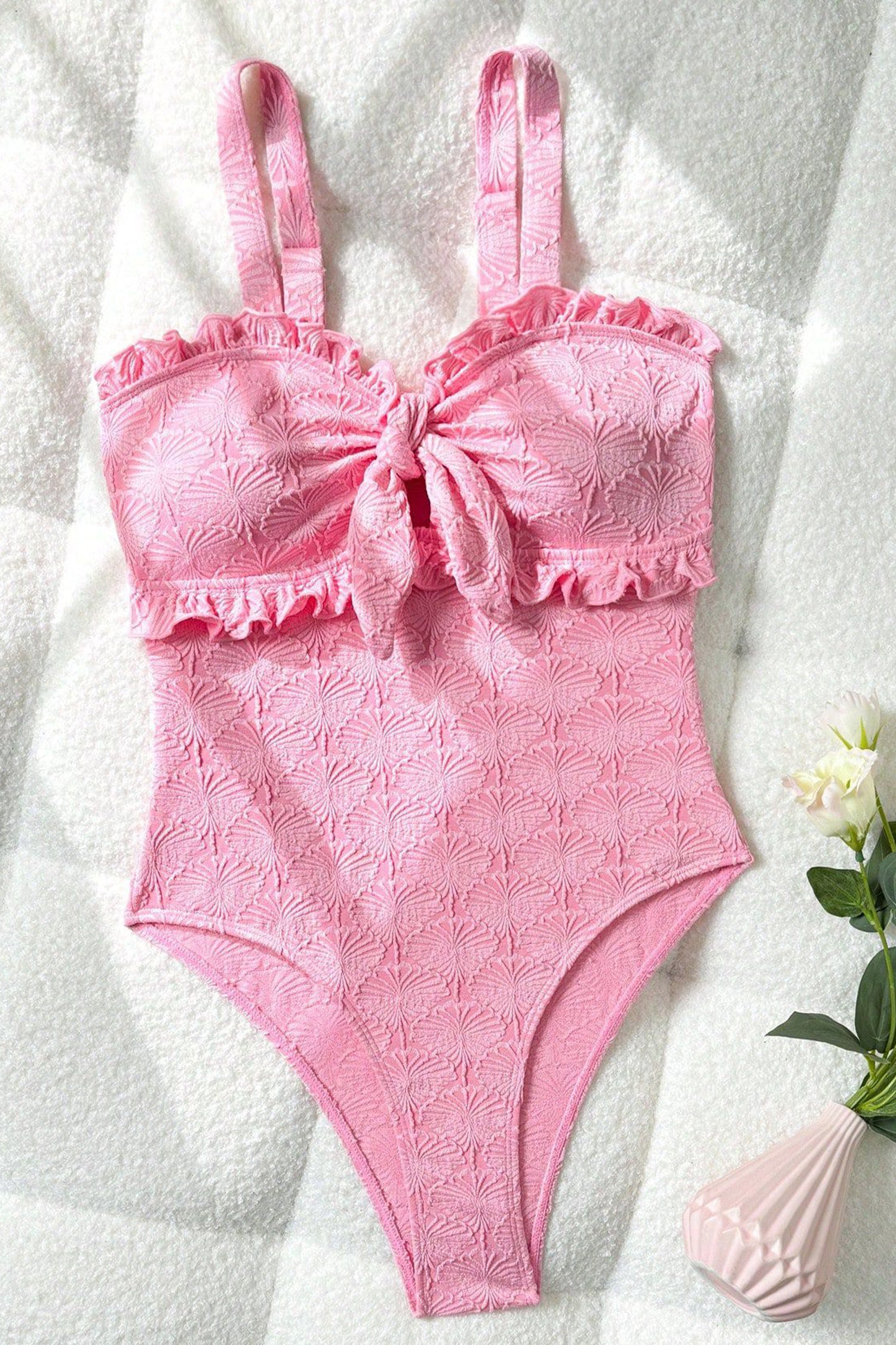 Pink Playful Textured Knot Front Strapless One Piece Swimsuit