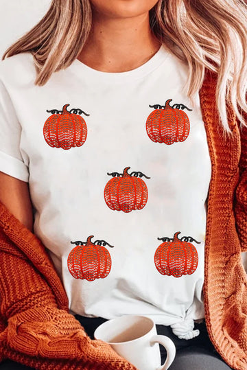 White Glitter Pumpkin Patched Cotton Blend T Shirt