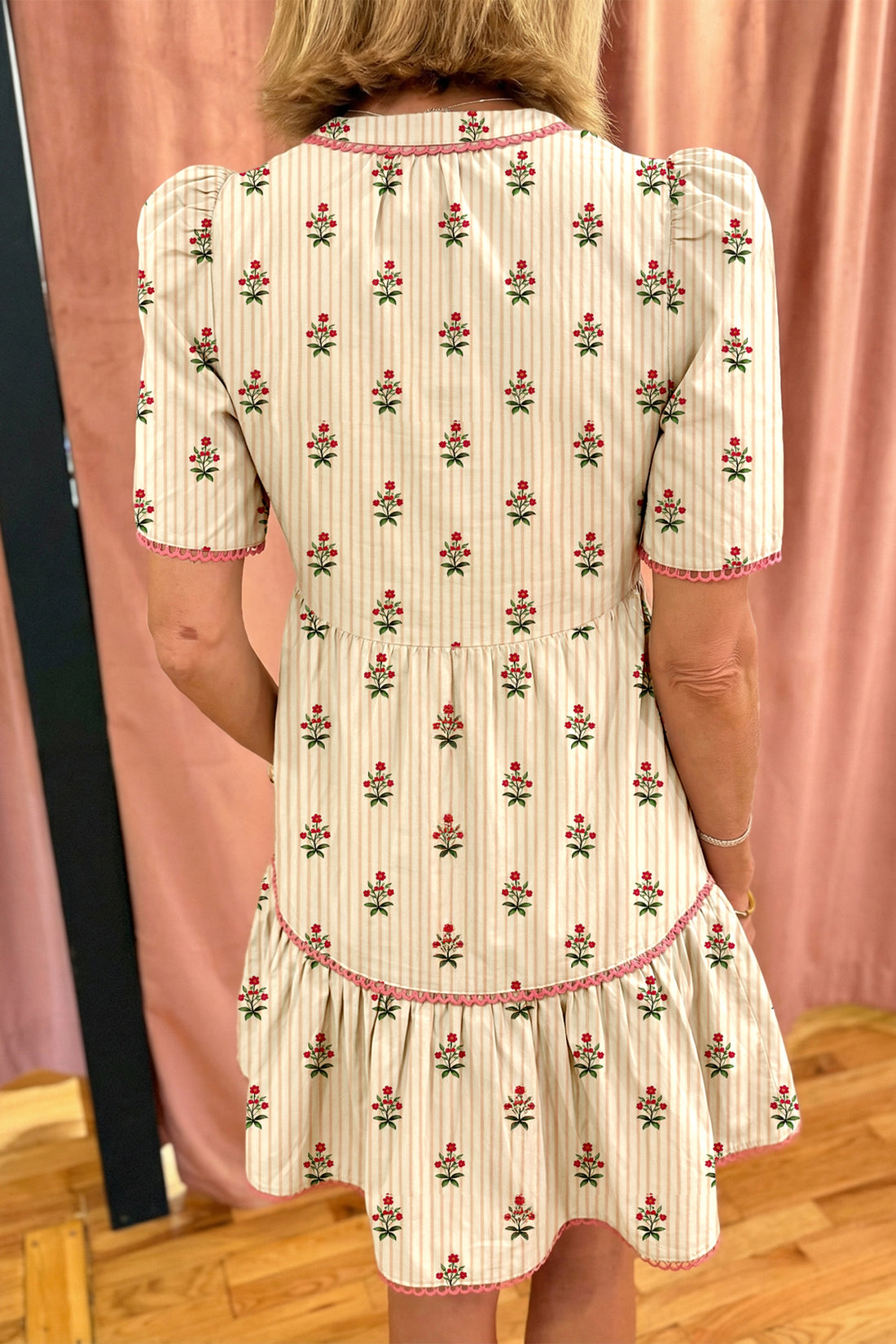 Apricot Striped Floral Print Contrast Detail Ruffle Hem Short Dress