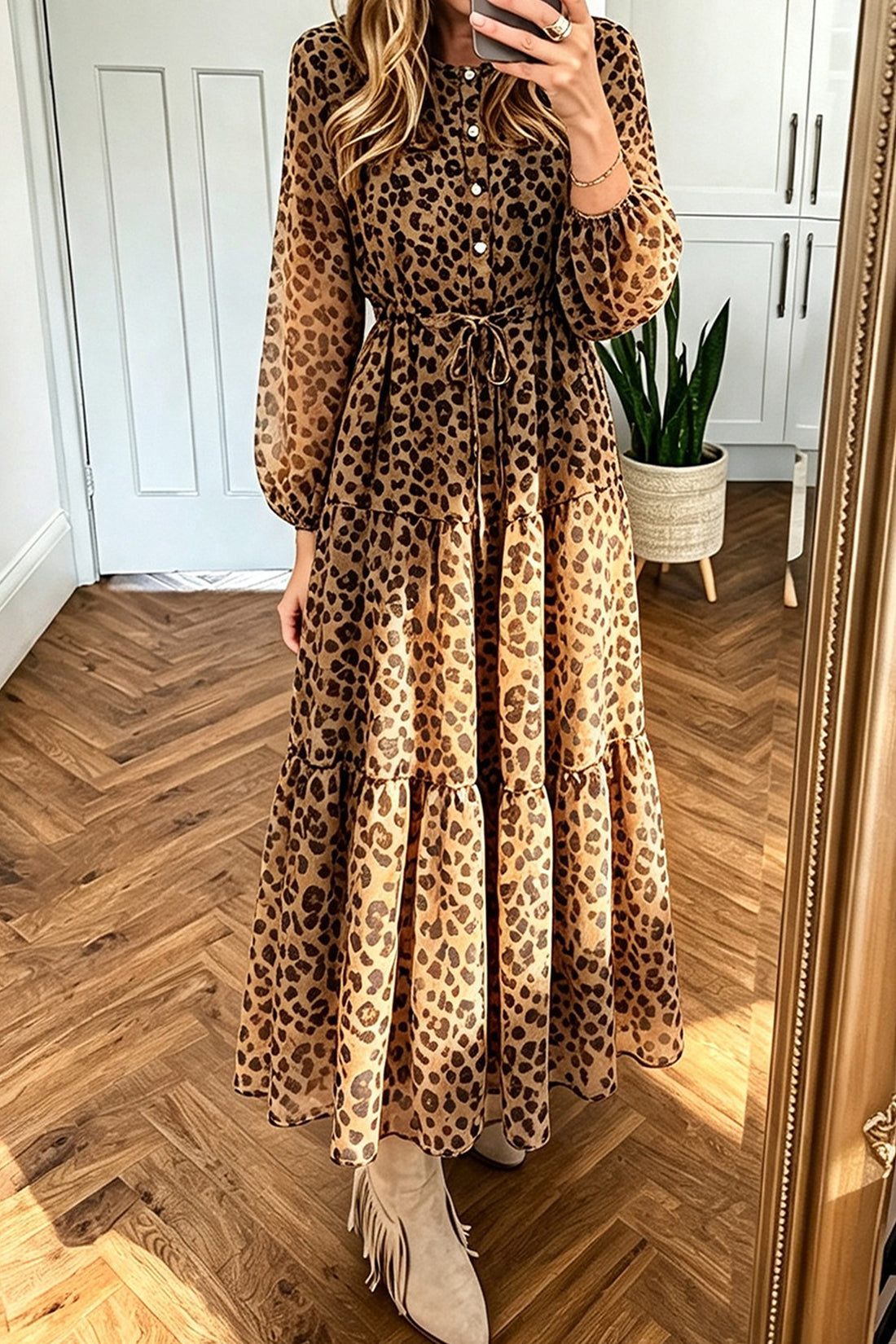 Brown Long Sleeve Leopard Print Button Detail Tie Waist Shift Dress