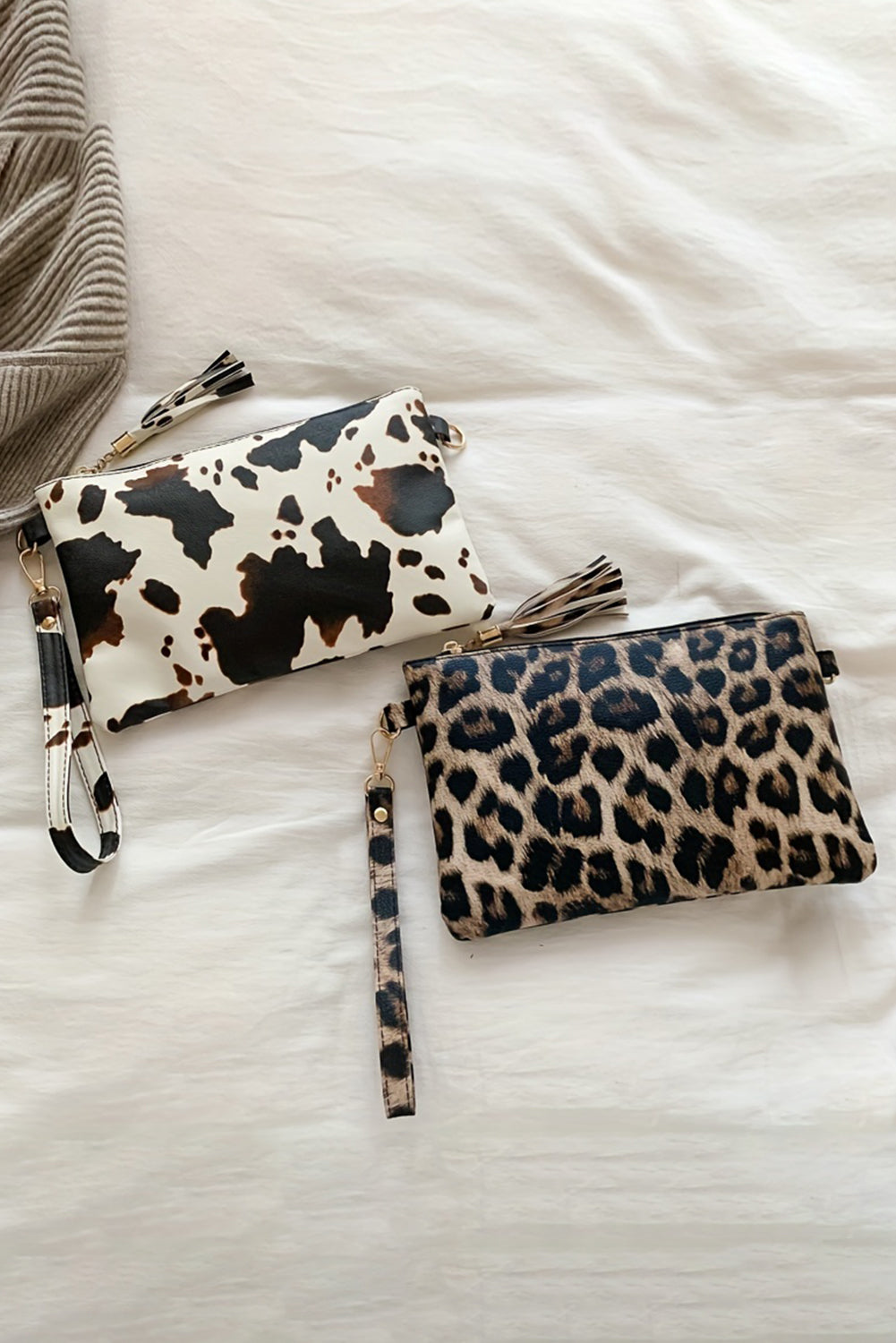 White Leopard/Cow Print Wrist Strap Zipped Wallet