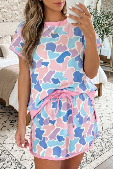 Pink Camouflage/ Polka Dot Print Contrast Trim Athletic Skort Set