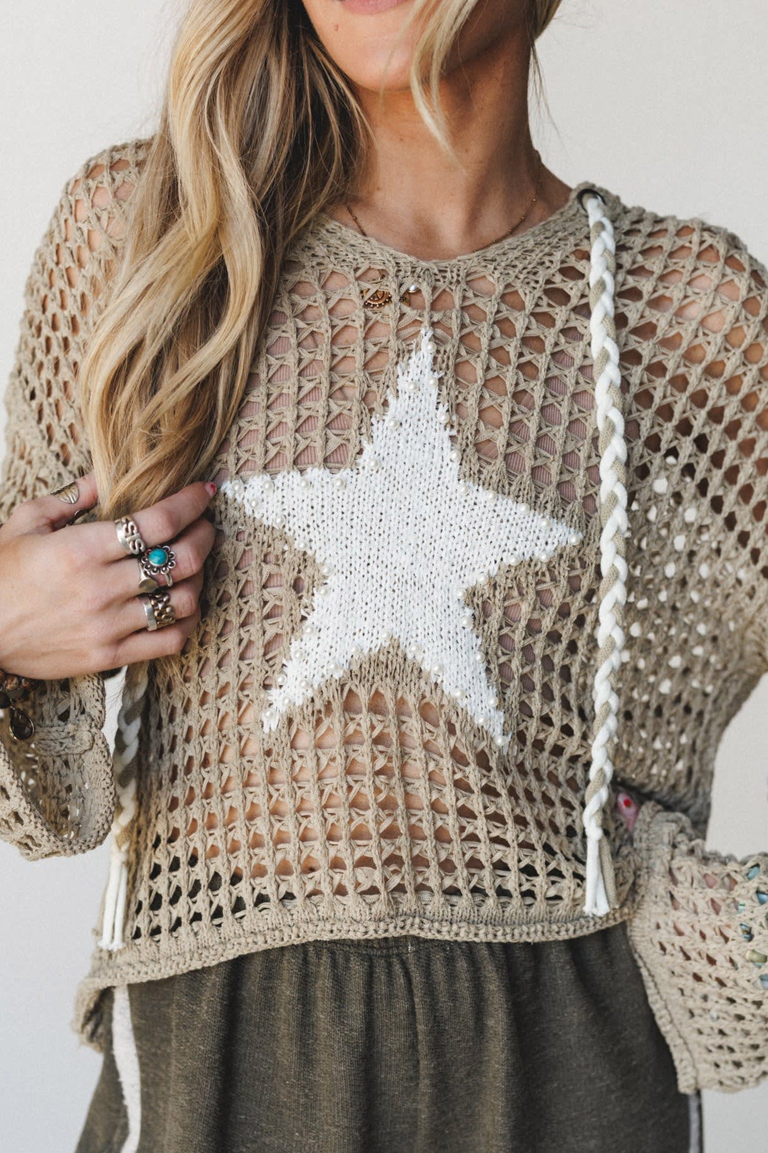 Sage Green Star Pattern Crochet Hooded Drawstring Sweater