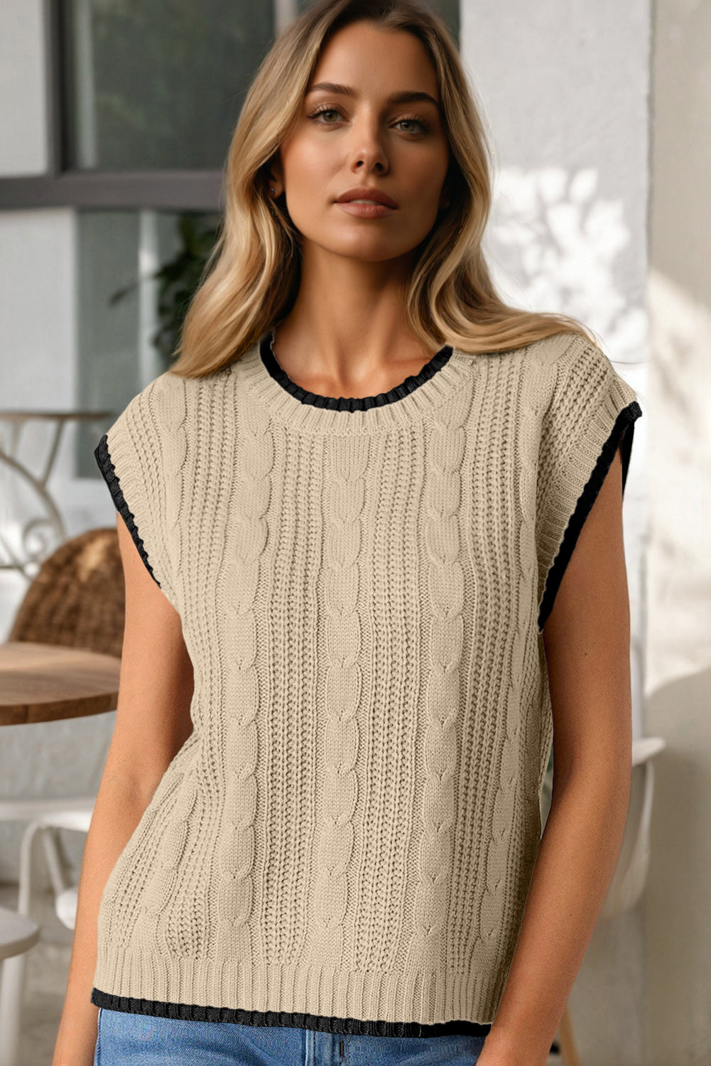 Apricot Cable Ribbed Knit Contrast Trim Loose Sweater Vest