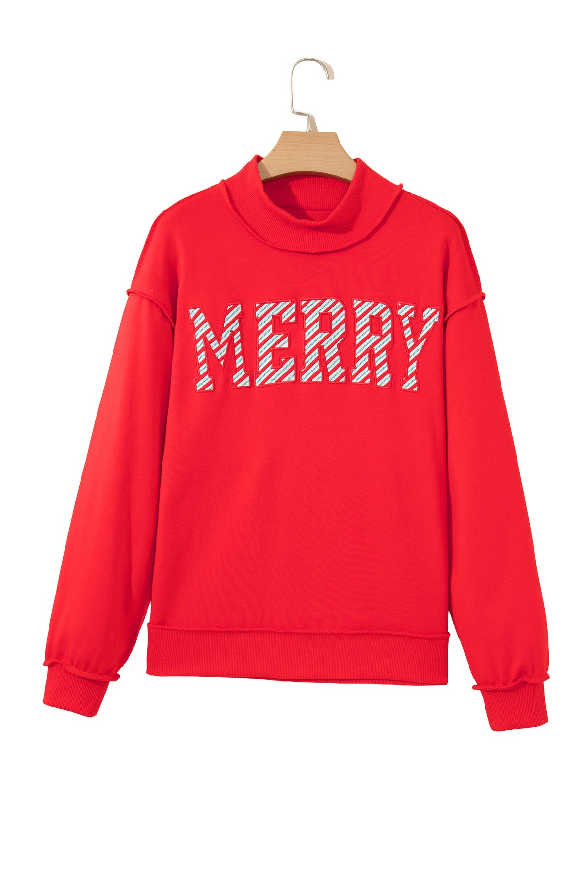 Fiery Red Embroidered Merry Slogan Stand Neck Long Sleeve Shift Sweatshirt