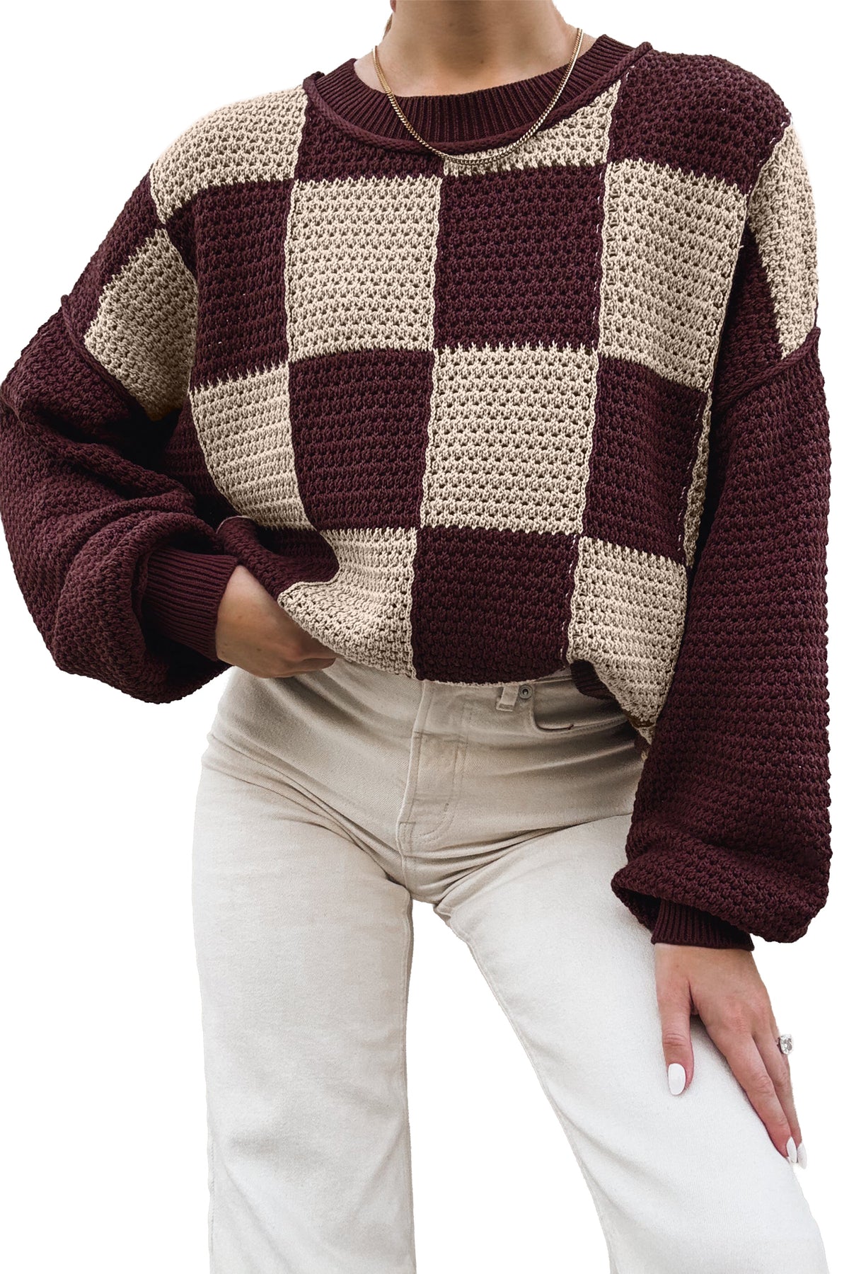 Brown Checkered Pattern Knit Loose Pullover Sweater
