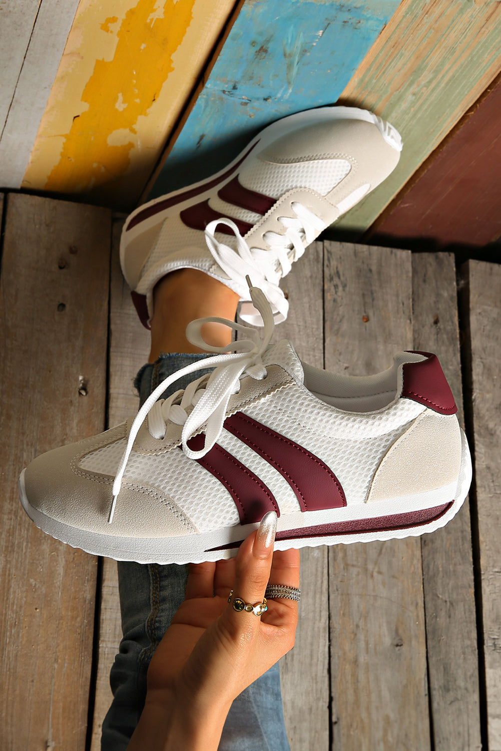 White Color Block Patchwork Breathable Lace-up Sneakers