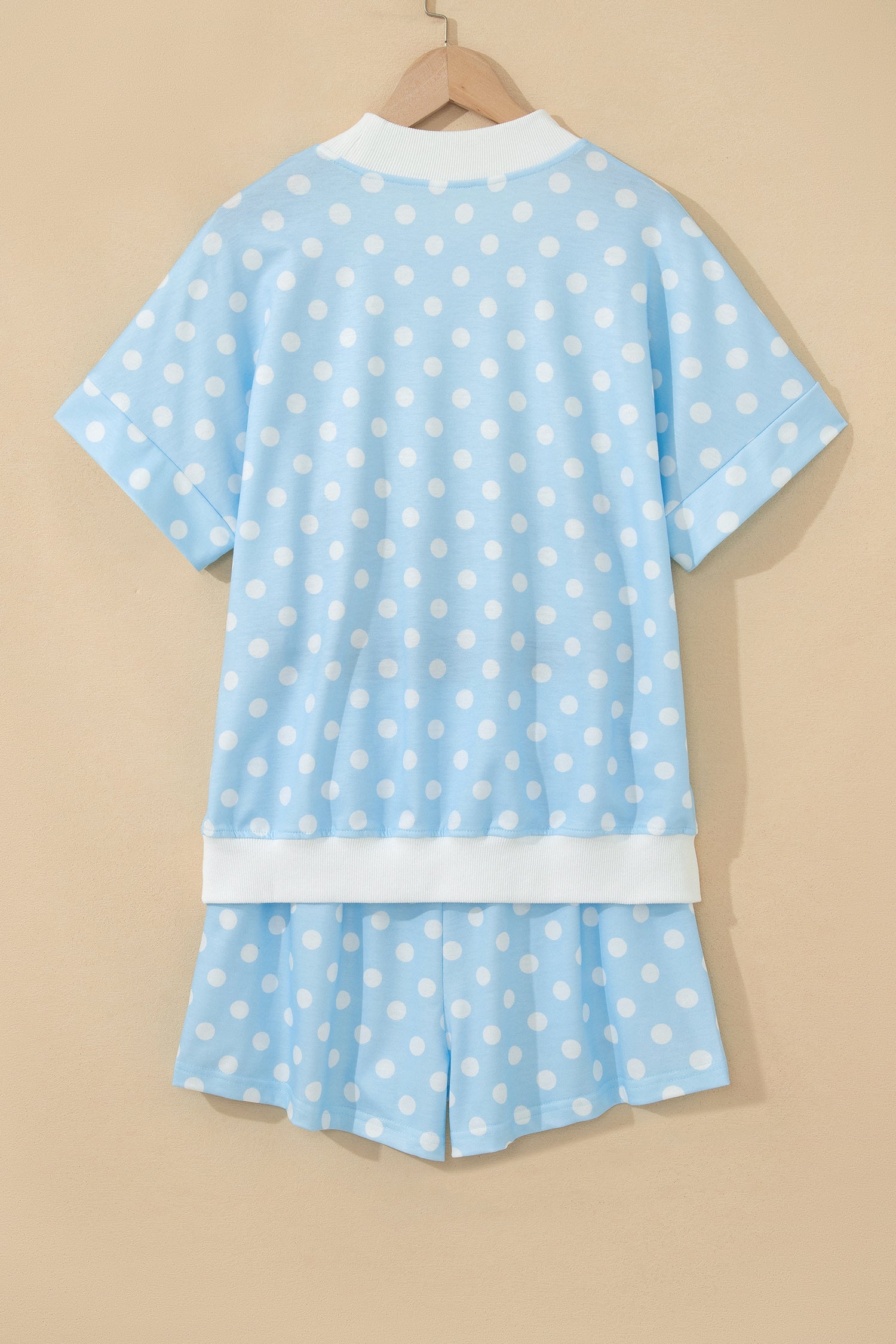 Sky Blue Polka Dot Print Color Block Trim Mock Neck Short Set