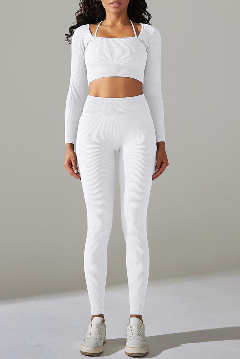 White Ribbed Long Sleeve Strappy Square Neck 2pcs Yoga Set