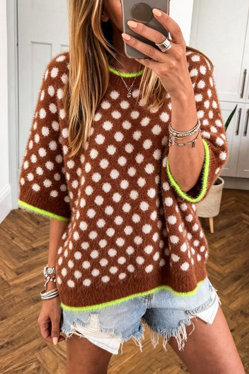 Coffee Polka Dot Contrast Trim Round Neck Half Sleeve Sweater