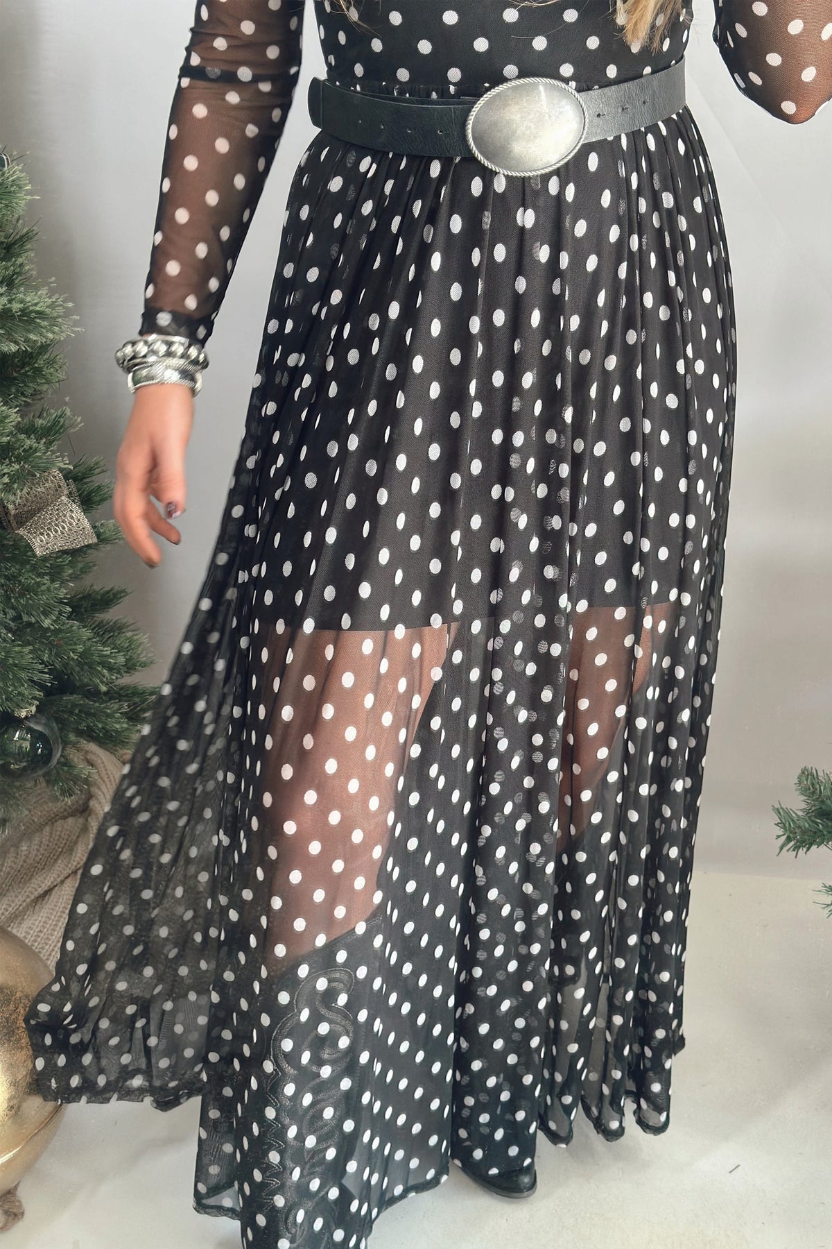 Black Polka Dot Pattern Mesh Long Sleeve Maxi Dress 2pcs Set
