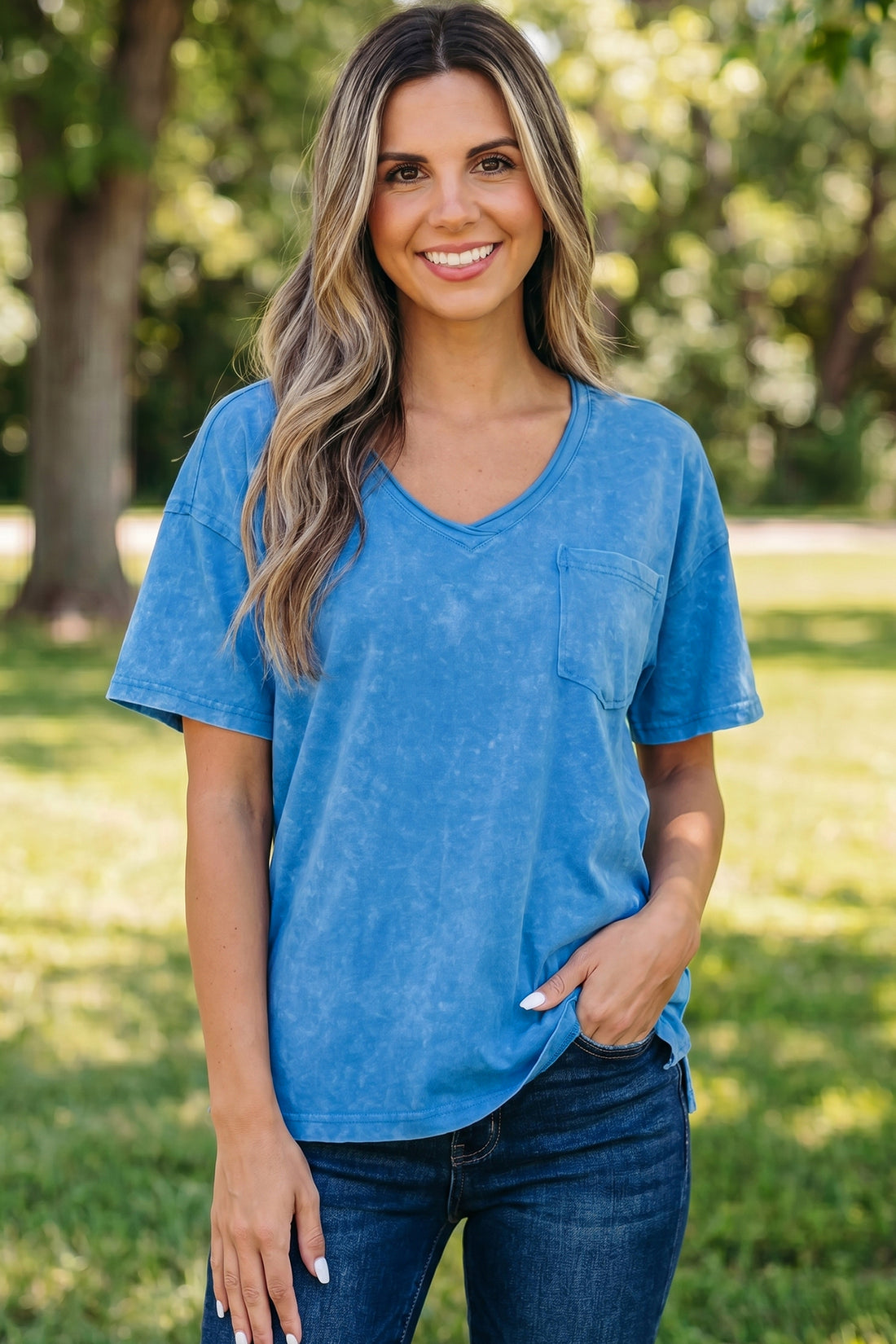 Blue Cotton Mineral Wash T Shirt