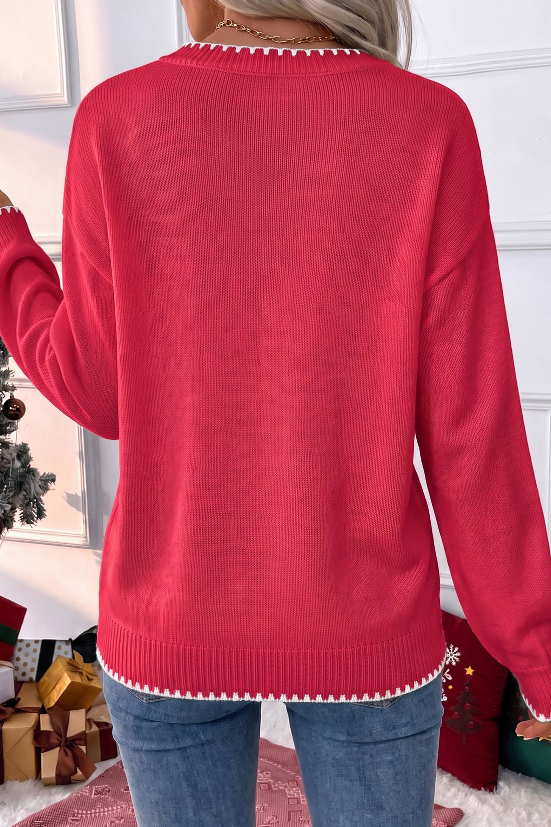 Racing Red Stitched Detail Christmas Tree Holiday Casual Sweater