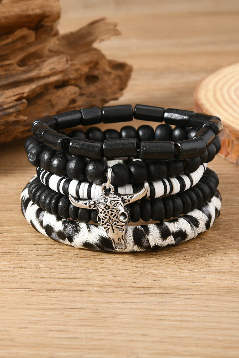 Color black Timber Beads Western Skull Head Charm 5pcs Bracelet Set