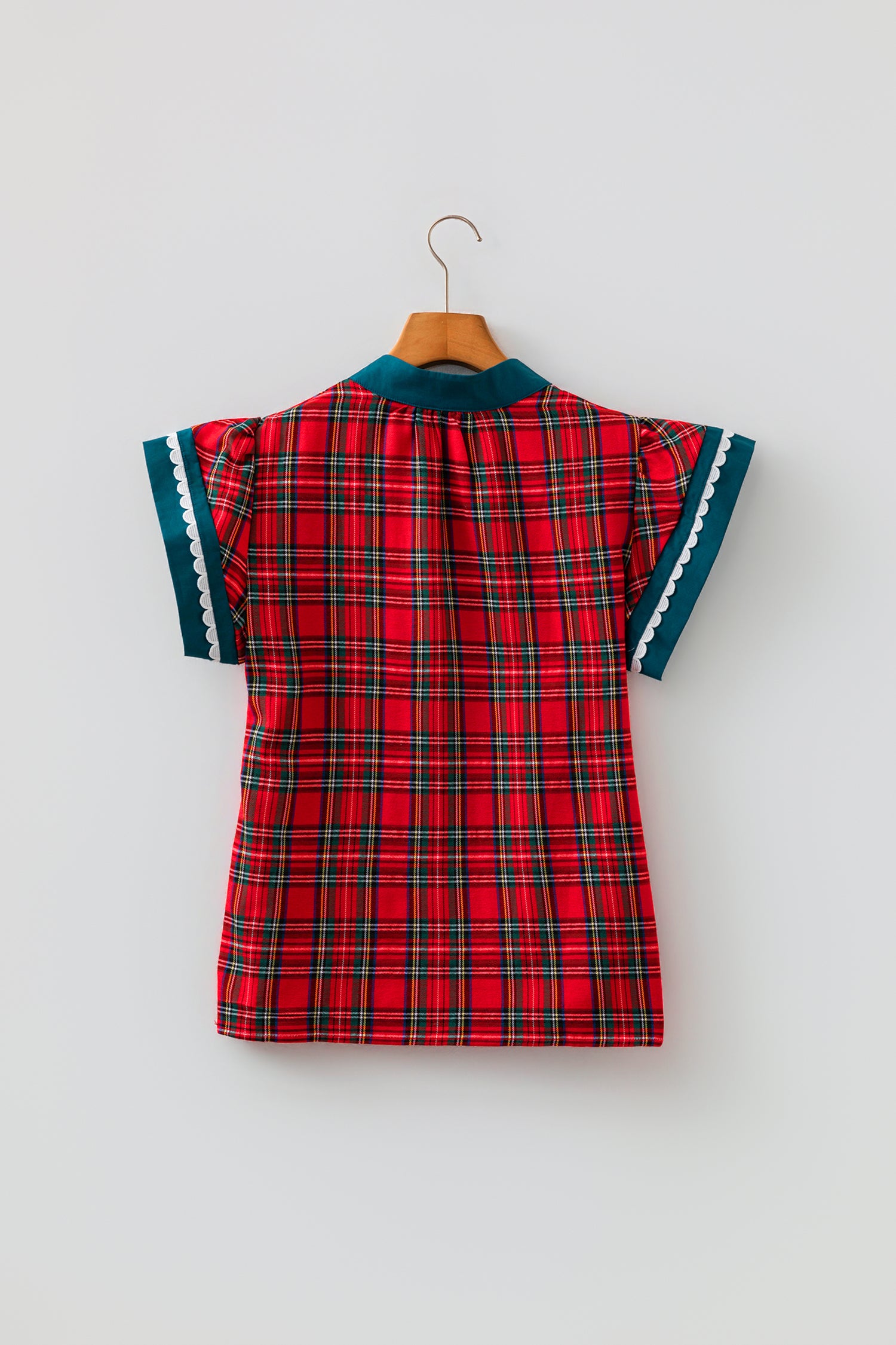 Red Plaid V Neck Short Sleeve Shift Blouse