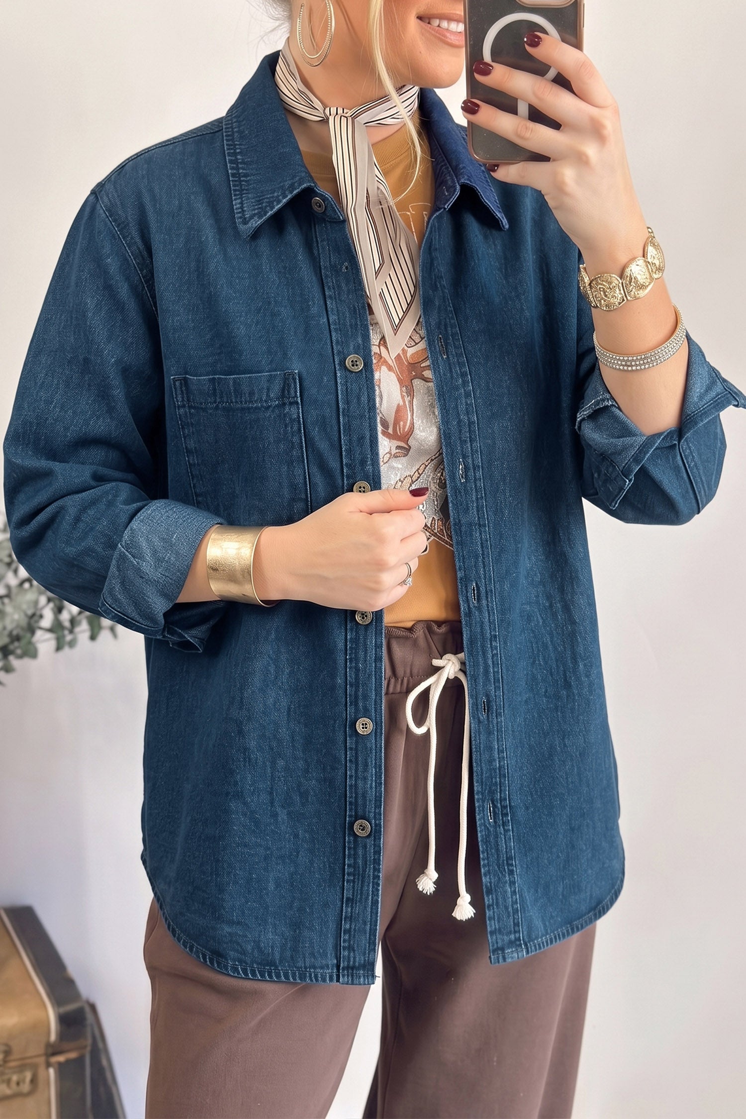 Navy Blue Western Tunic Shirt Style Denim Jacket