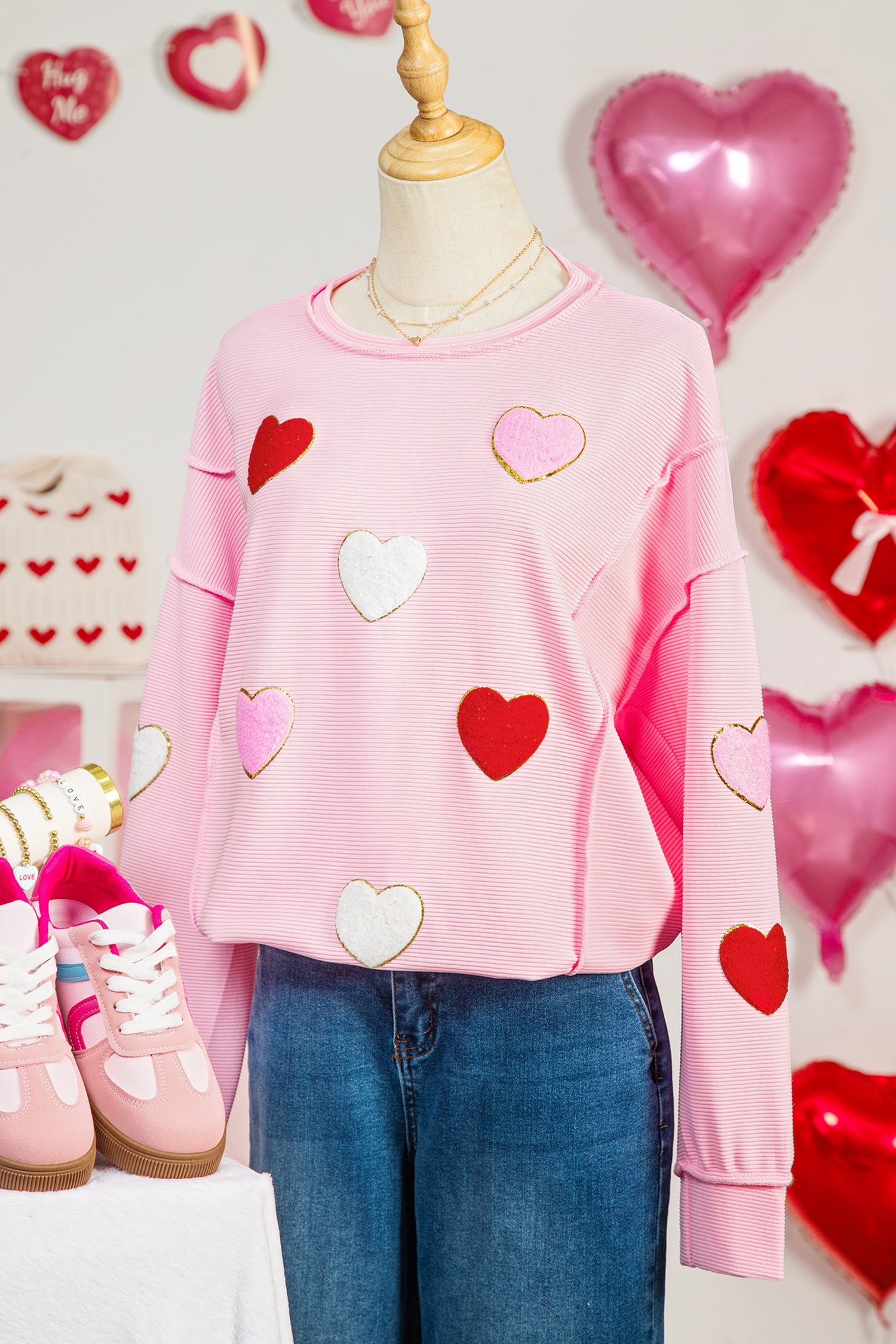 Pink Ribbed Texture Chenille Heart Glitter Trim Patched Long Sleeve Top