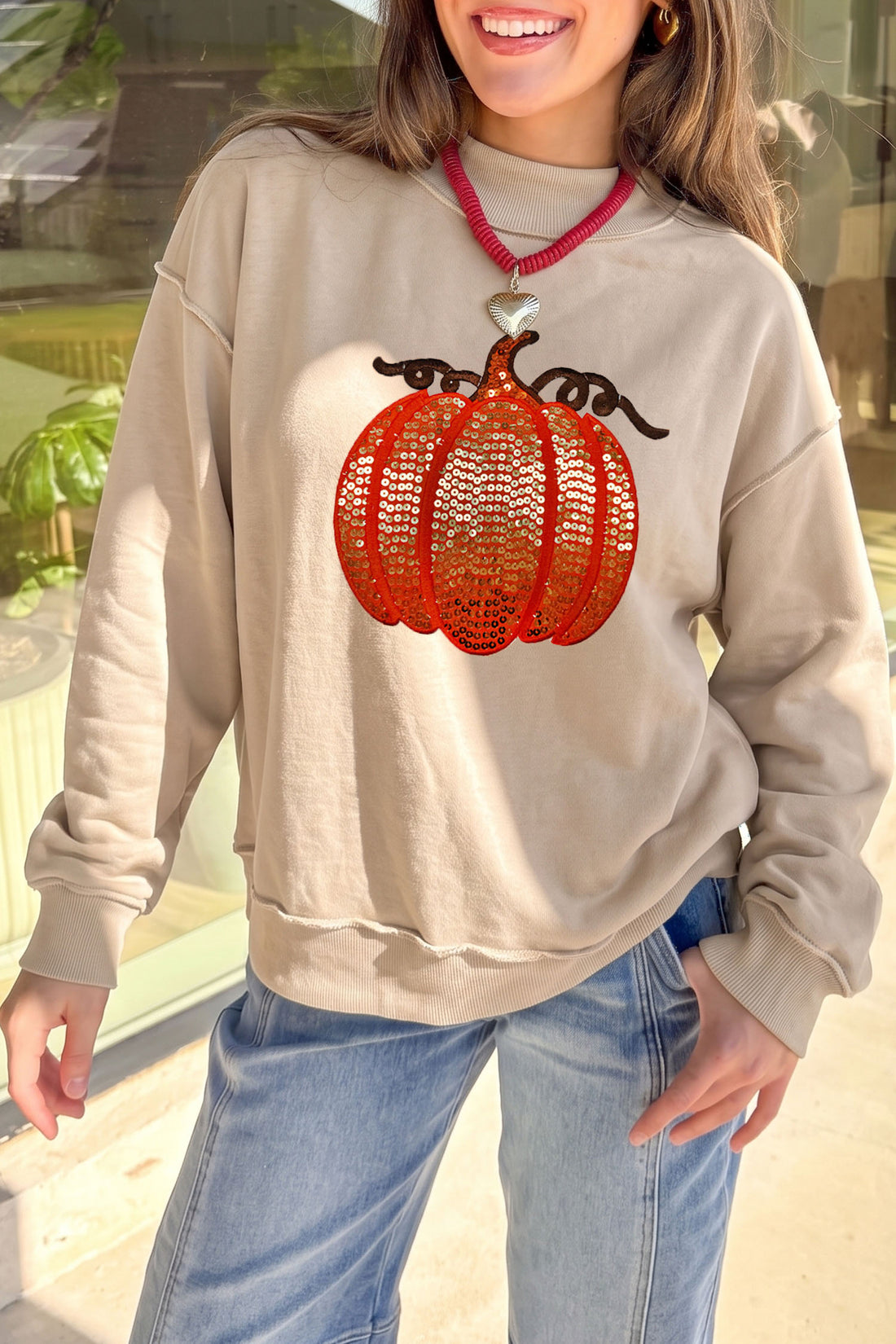 Apricot Sequined Pumpkin Graphic High Neck Baggy Sweatshirt