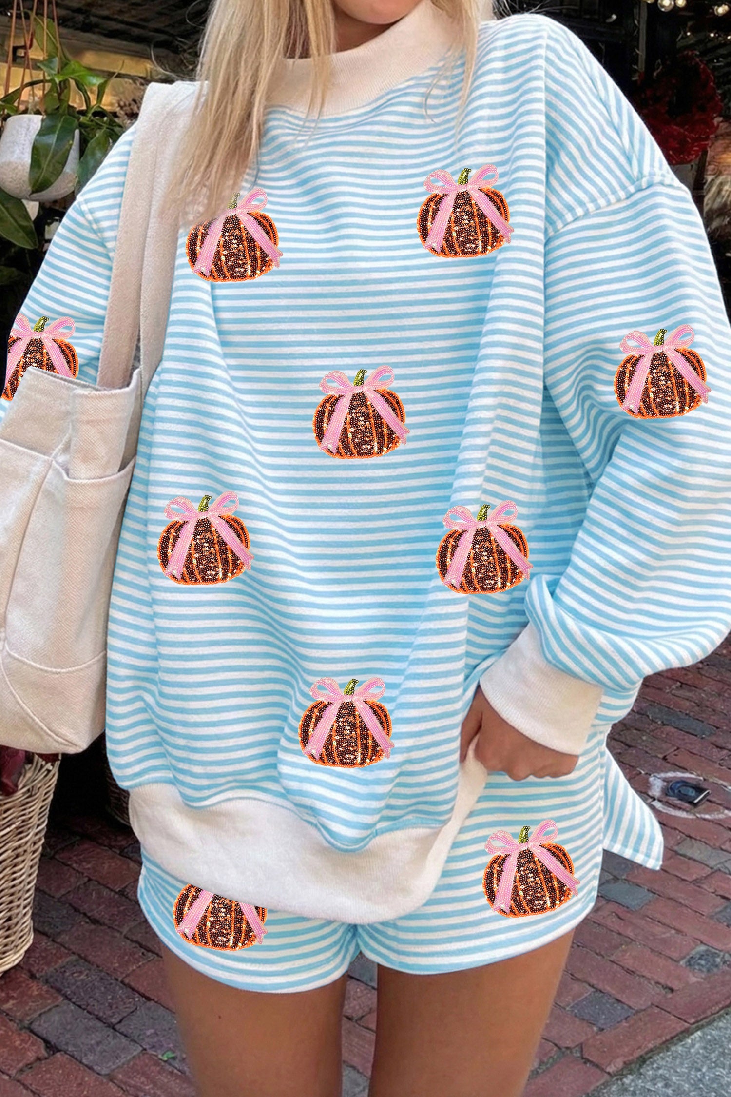 Sky Blue Stripe Sequined Pumpkin Baggy Pullover Casual Shorts Two-Piece Set