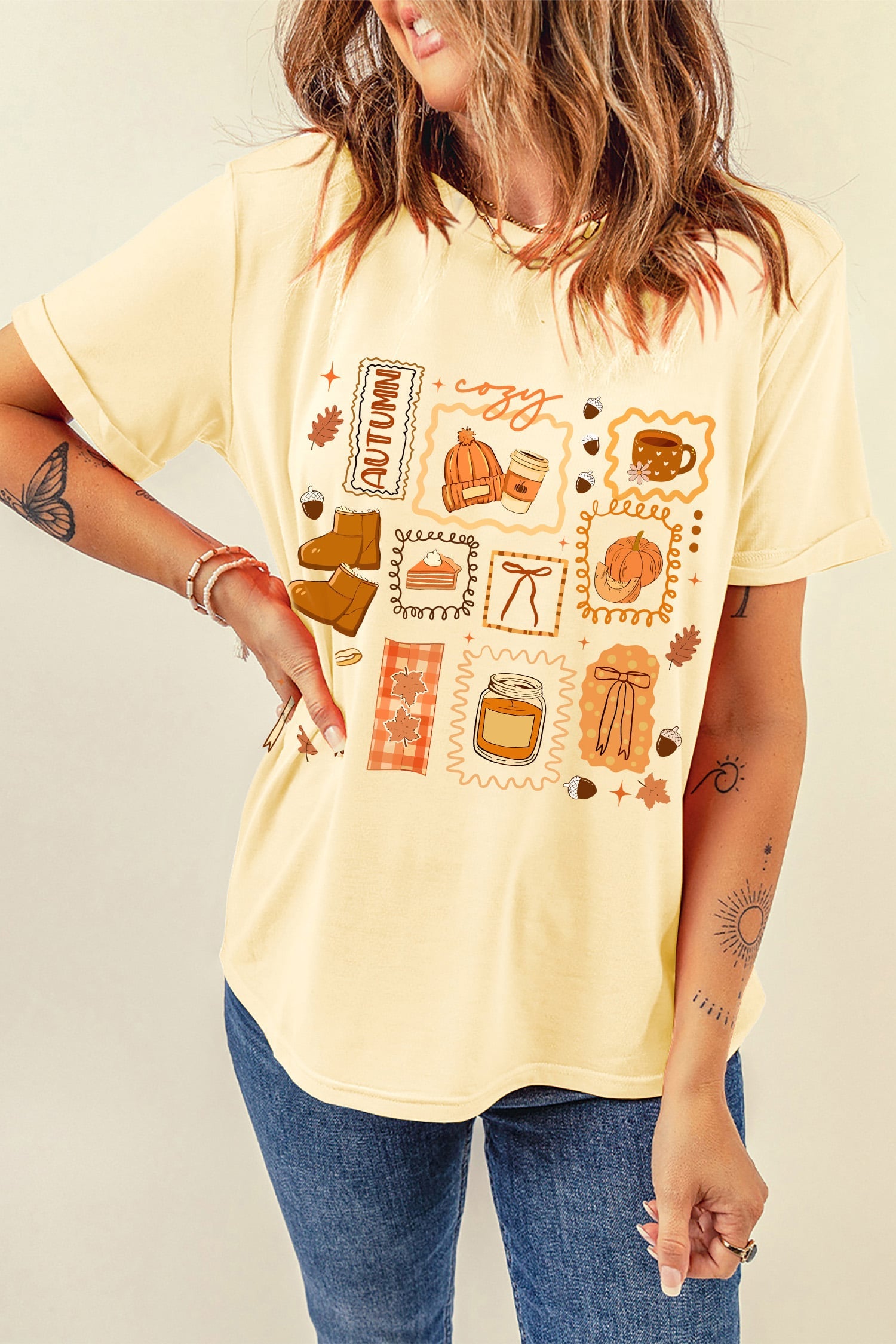 Yellow Cream Cozy Autumn Graphic Round Neck Relaxed T-Shirt