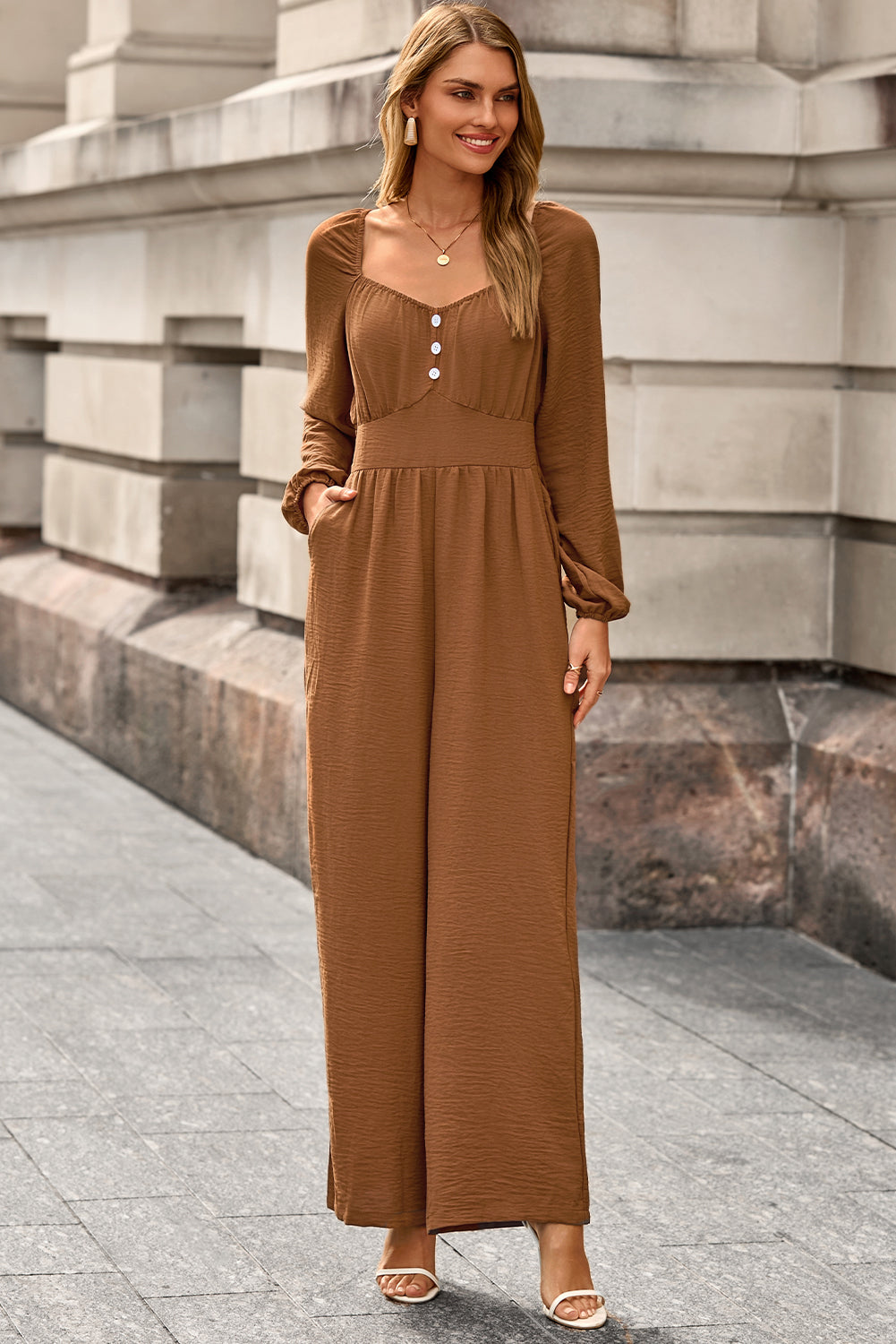 Chestnut Solid Color Long Sleeve Shirred Button Detail Straight Leg Jumpsuit