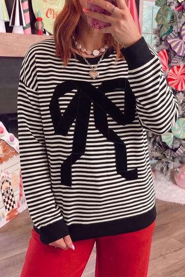 Black Stripe Velvet Bow Pattern Dropped Shoulder Loose Sweatshirt