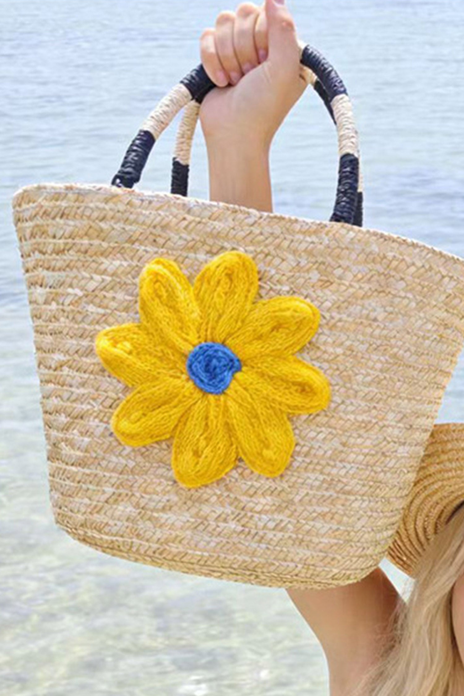 Yellow Crochet Flower Detail Boho Beach Straw Woven Handbag