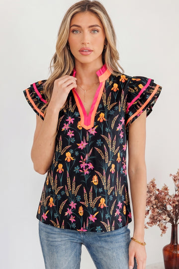Black Floral Print Contrast Trim Tiered Ruffled Short Sleeve Blouse