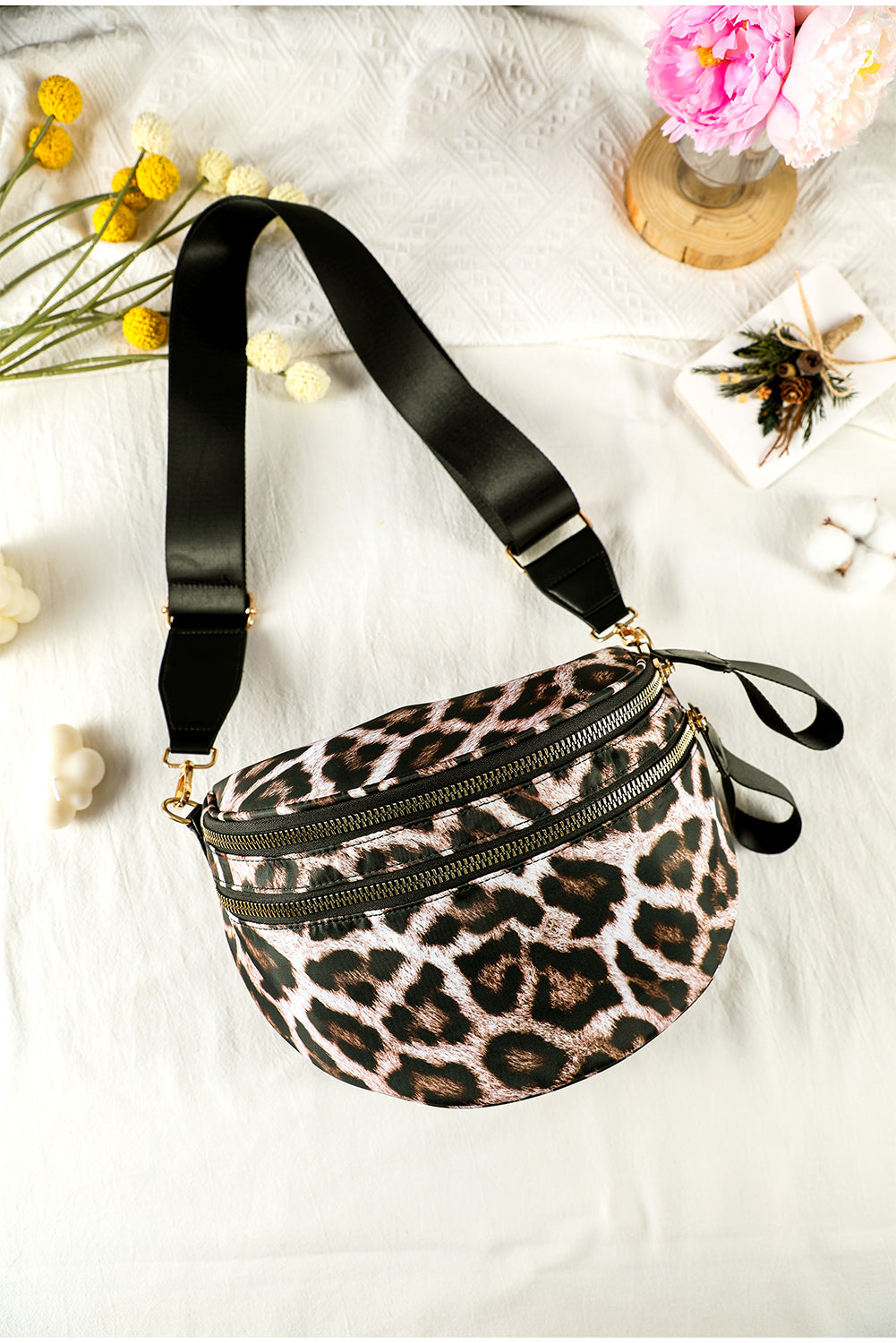 Coffee Leopard Print Double Zip Fashion Crossbody Bag