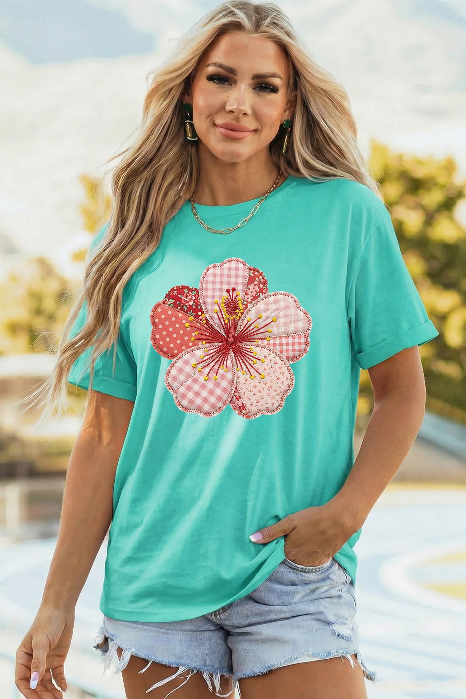 Mint Green Patchwork Floral Printed Beach Vacation Casual Tee
