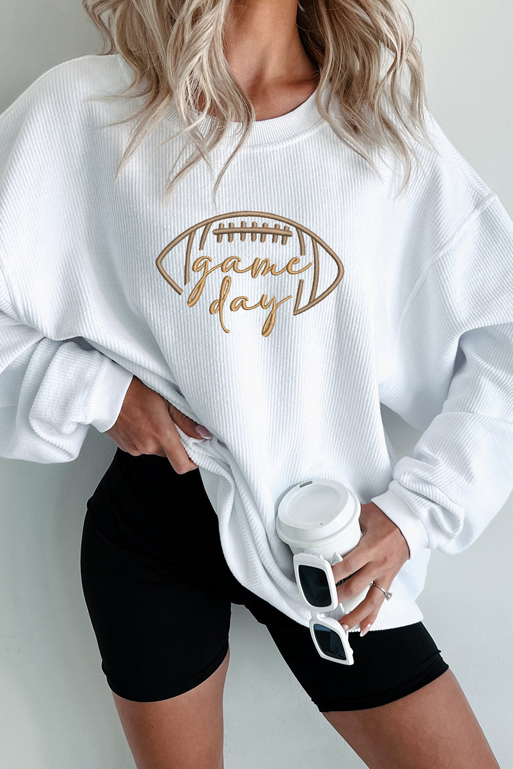 White Rugby Game Day Embroidered Corduroy Sweatshirt