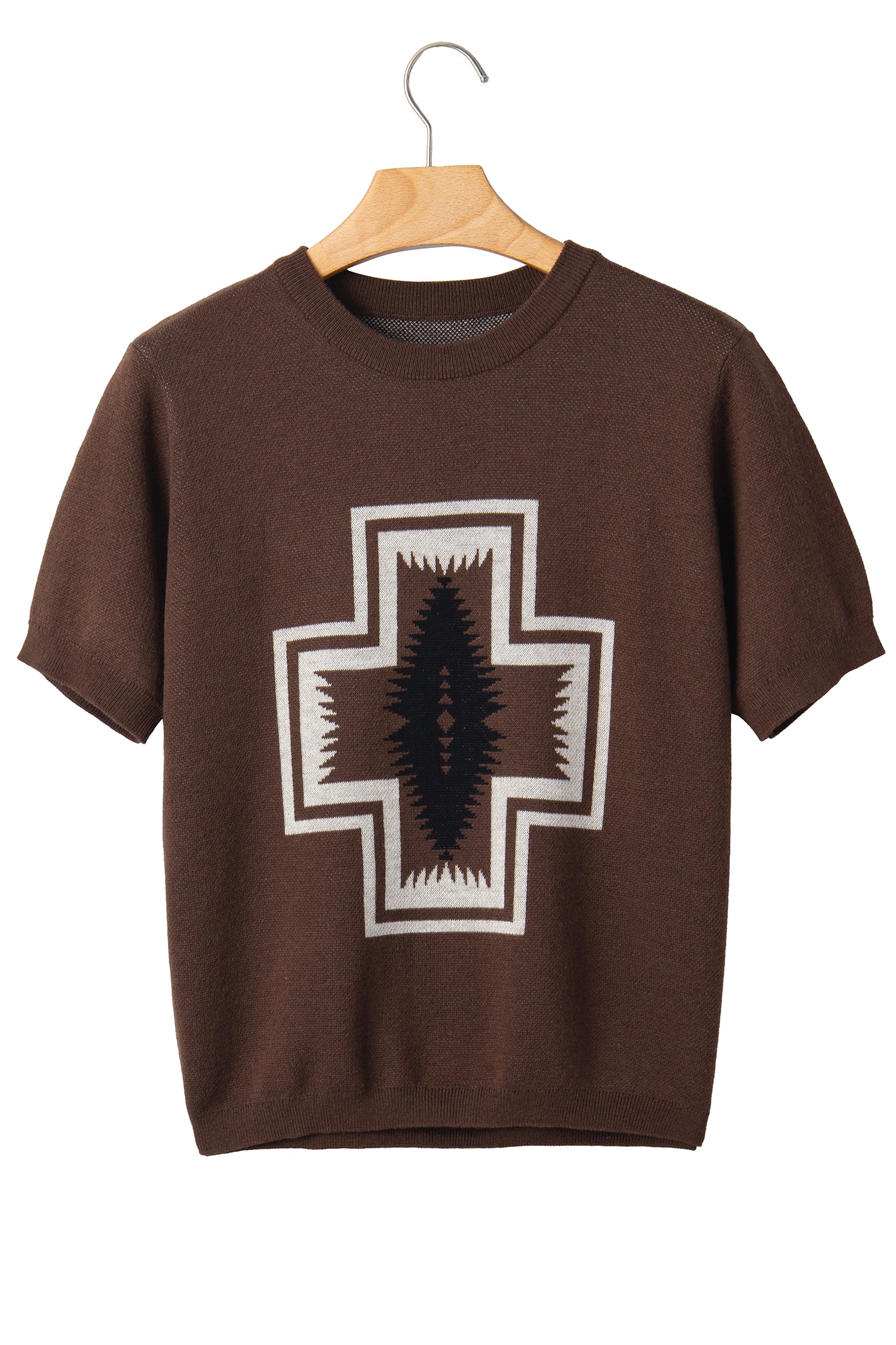 Brown Western Print Short Sleeve Knit Casual Sweater