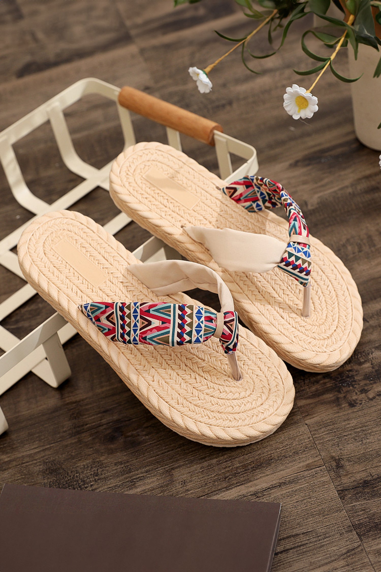 Parchment Boho Woven Texture Contrast Straps Flat Flip Flops
