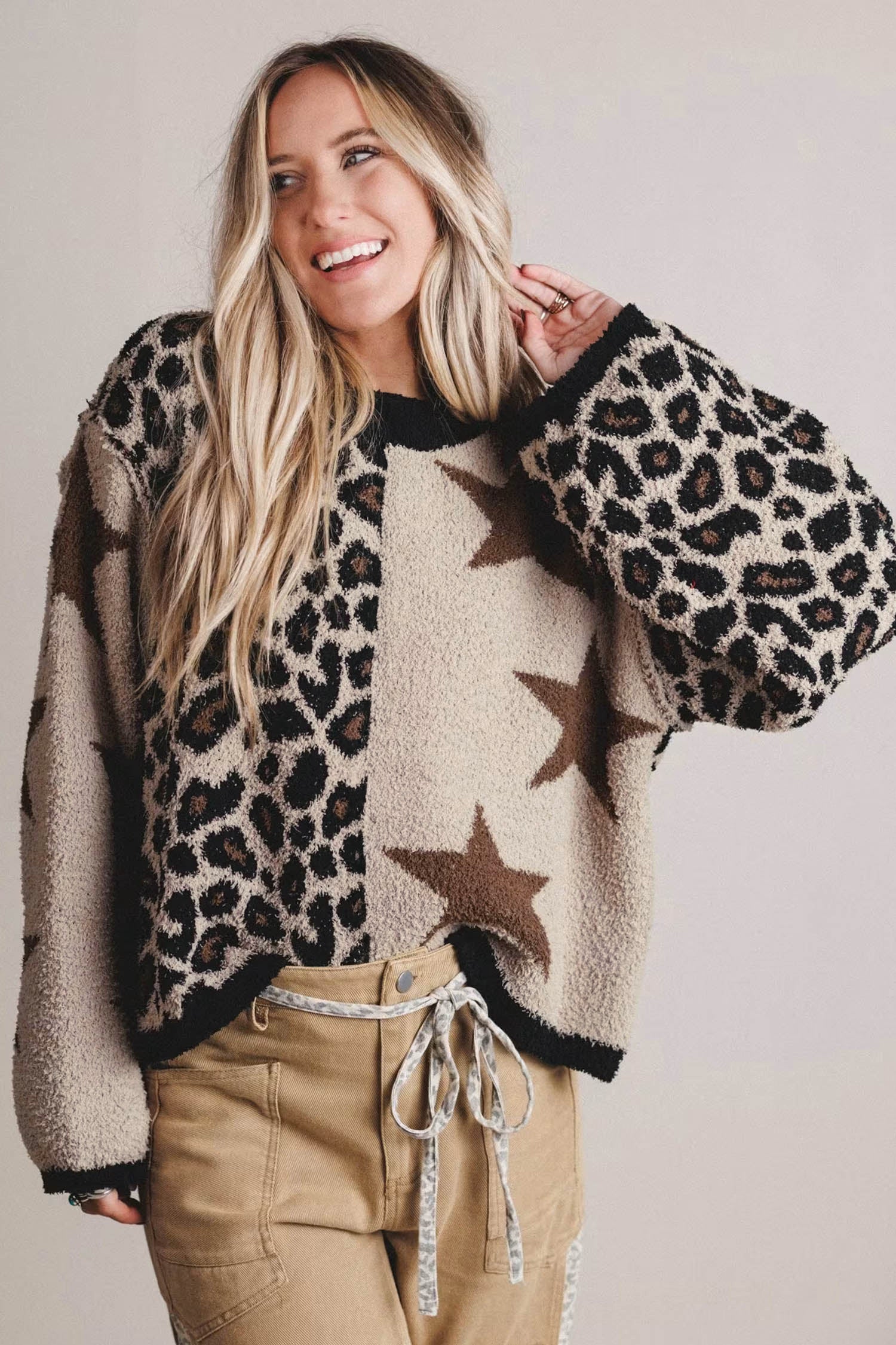 Smoke Gray Leopard Star Pattern Round Neck Long Sleeve Shift Sweater