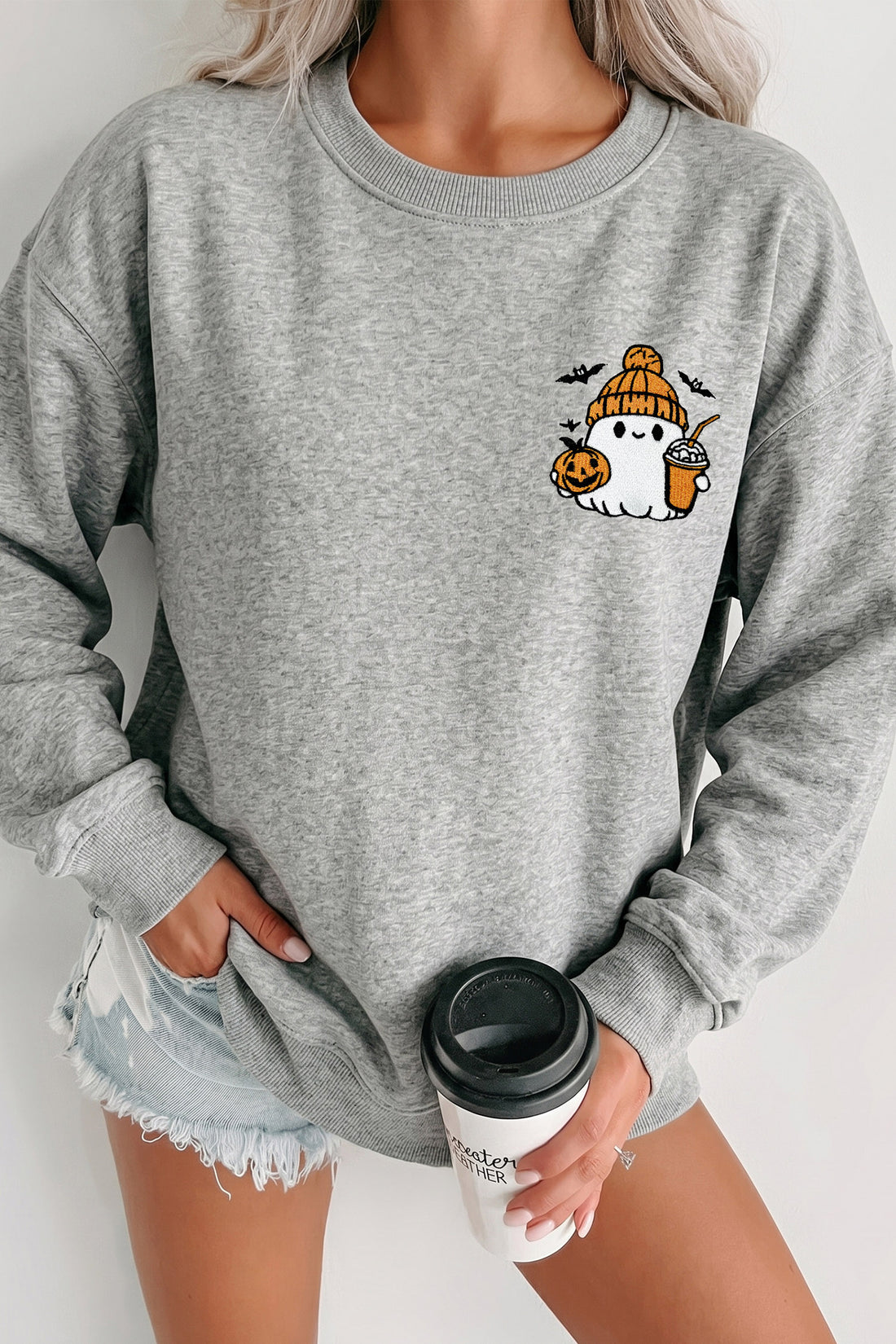 Light Grey Embroidered Halloween Ghost Pullover Casual Sweatshirt