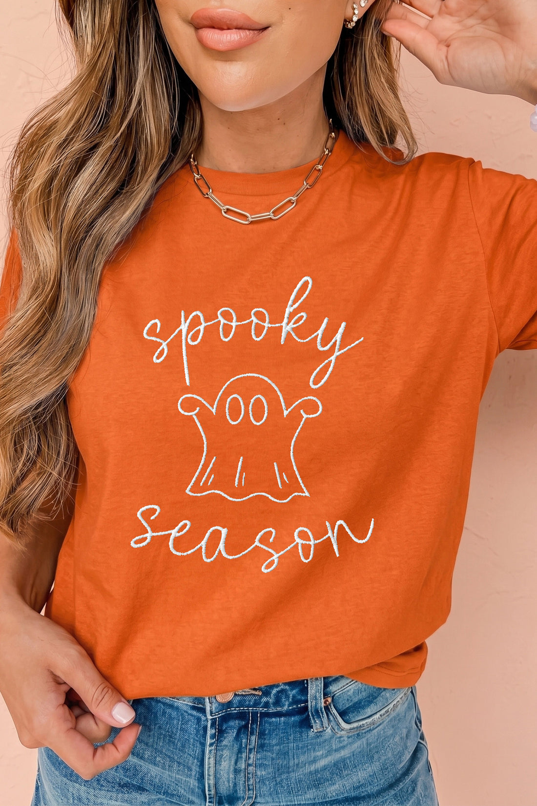Orange Spooky Season Halloween Ghost Embroidered Graphic Tee
