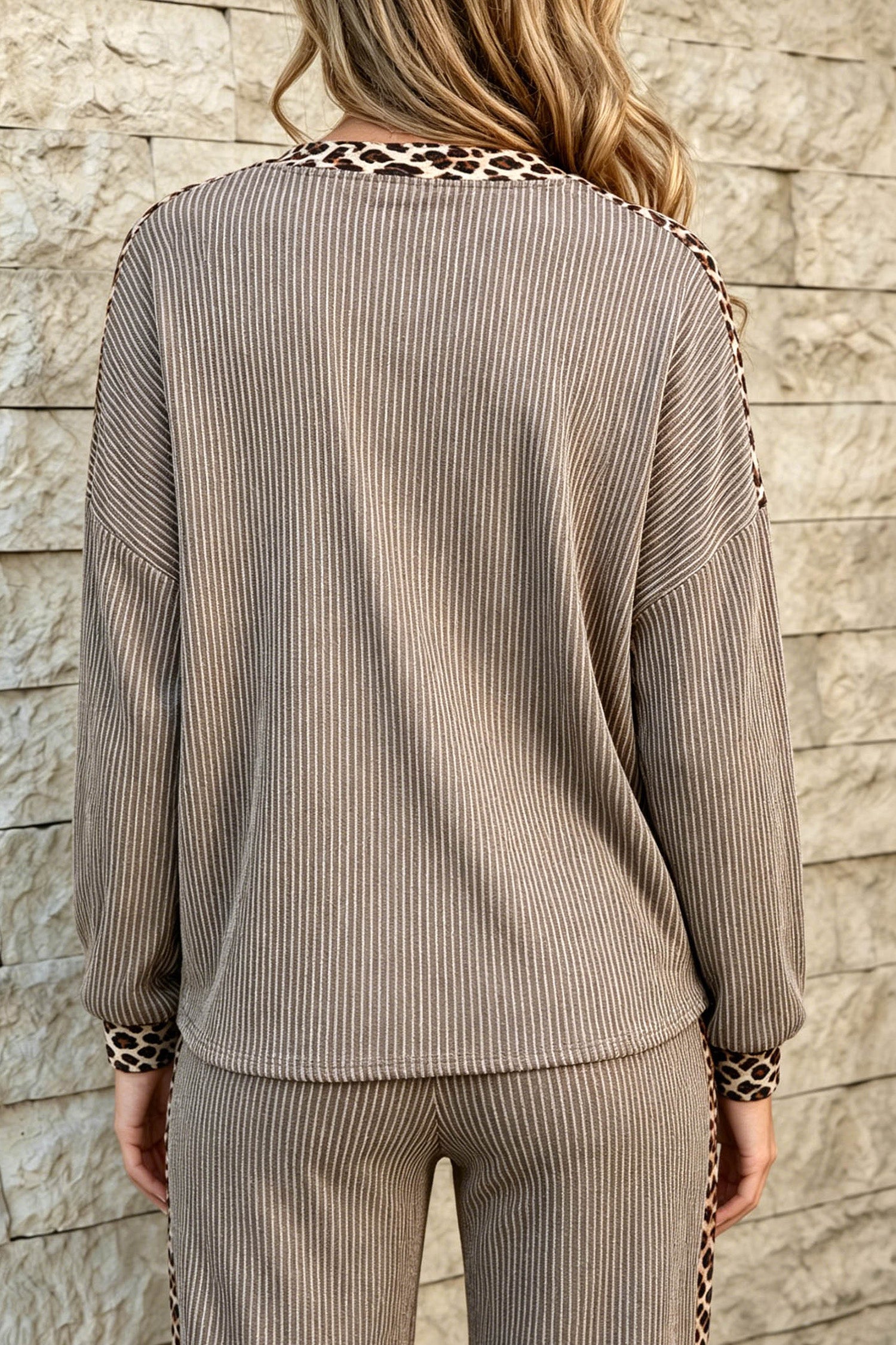 Simply Taupe Cozy Ribbed Patchwork Polka Dot/ Plaid/ Leopard Trim Long Sleeve 2pcs Pant Set