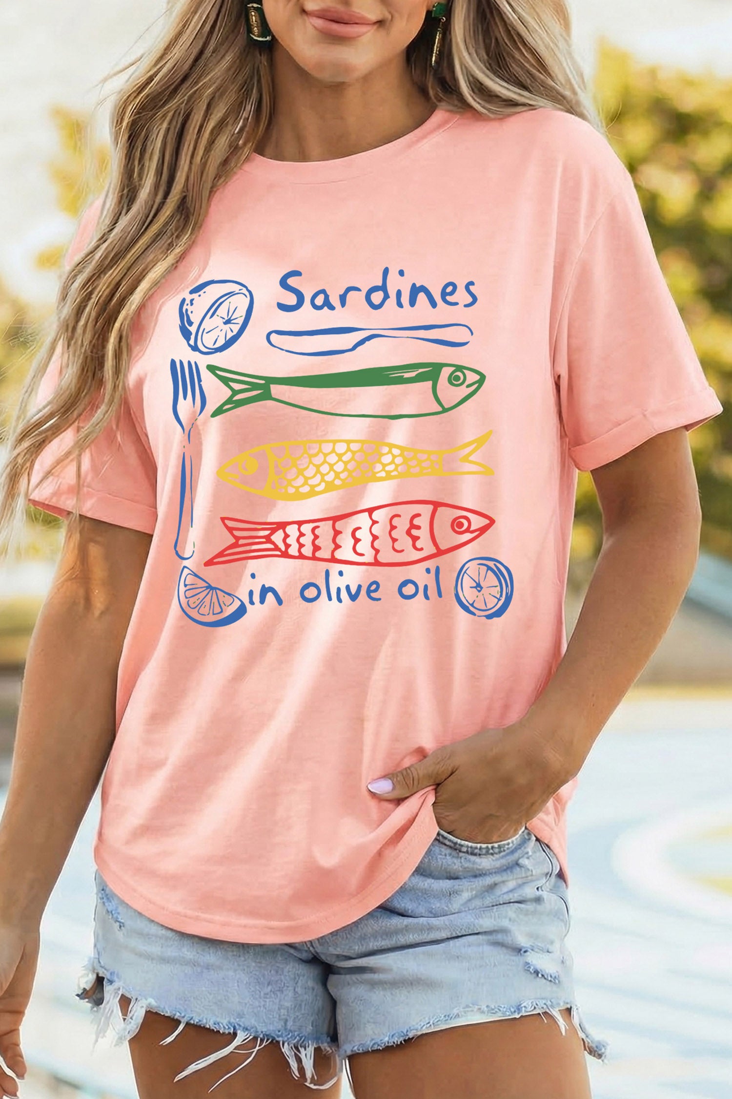 Pink Sardines in Olive Oil Graphic Casual T Shirt