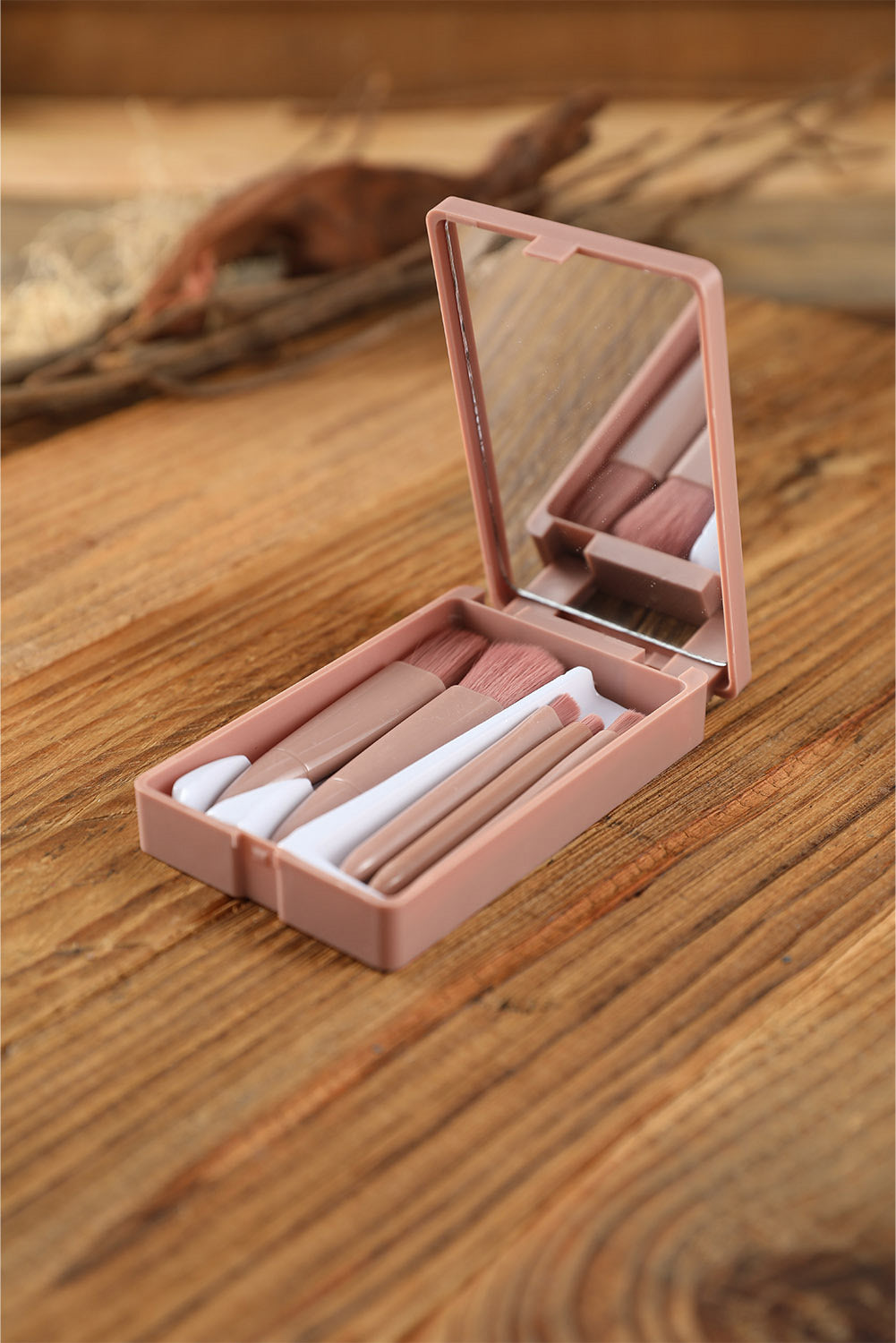 Pink 5pcs Makeup Brush Set Portable Case with Mirror