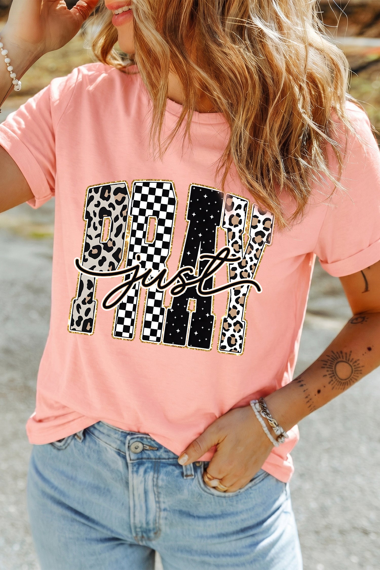 Pink Just PRAY Graphic High Stretch Casual Tee