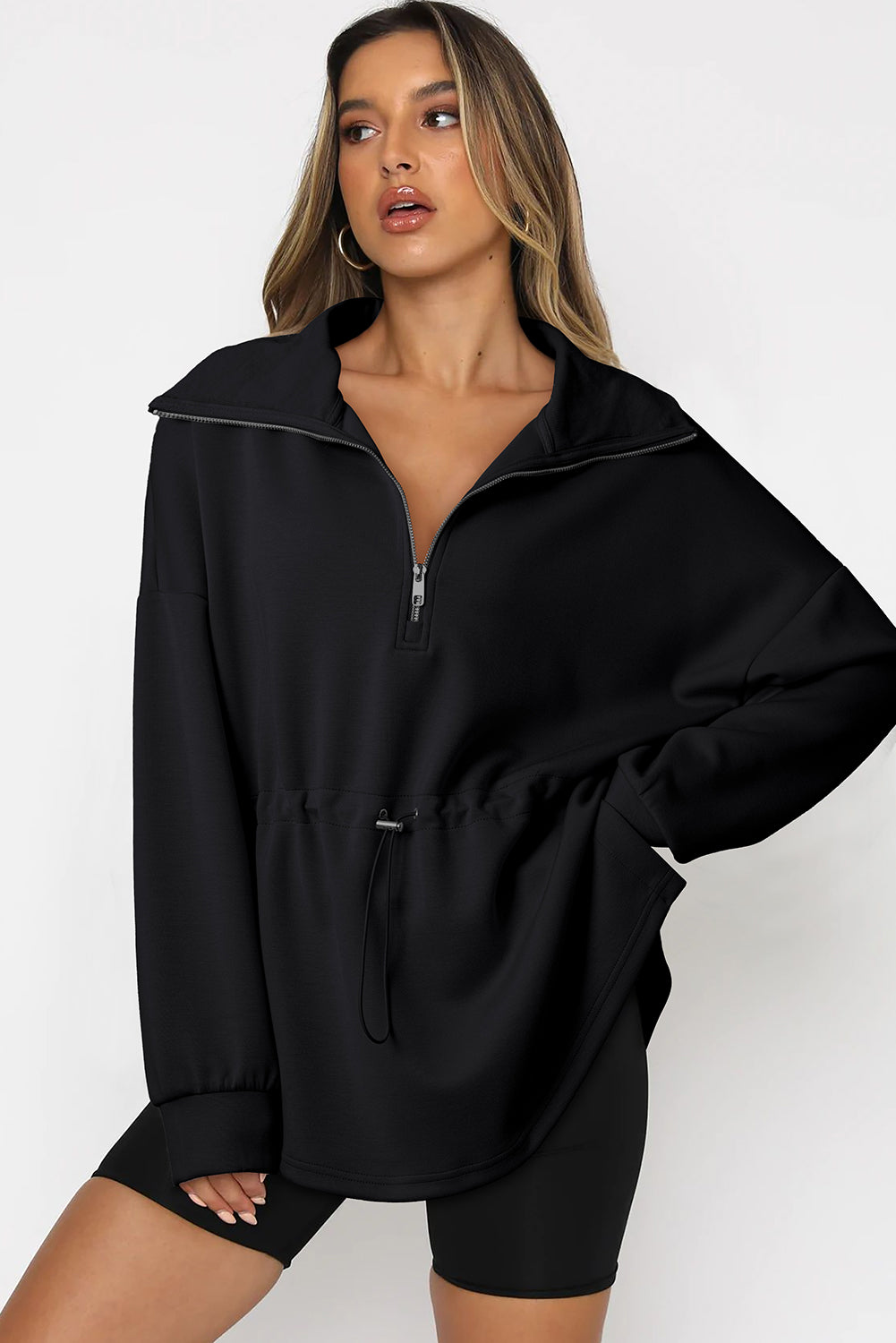 Black Half Zip Large Collar Drawstring Waist Pullover Sweatshirt