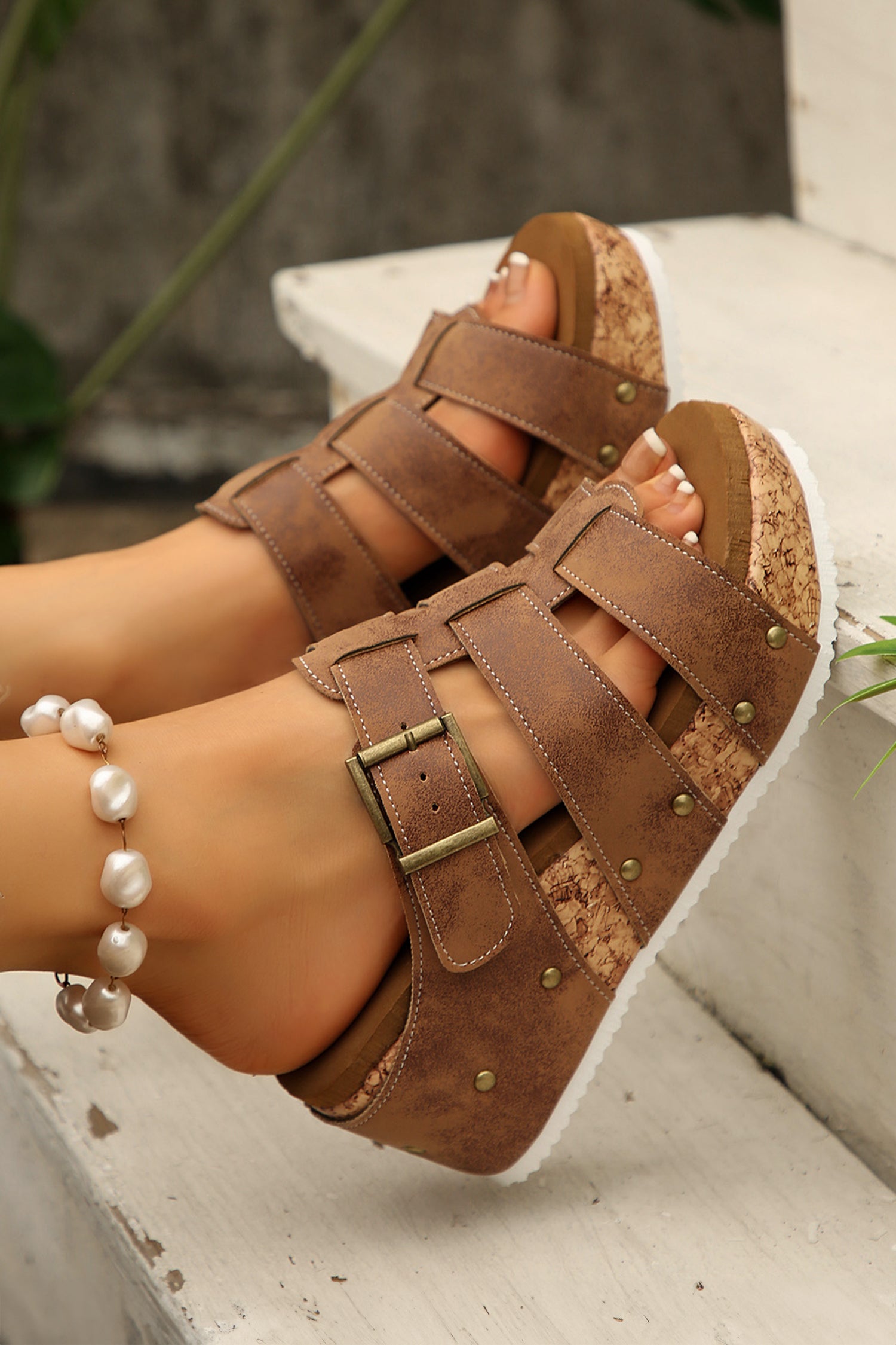 Brown Retro Vegan Leather Studded Cage Cork Wedge Platform Slippers