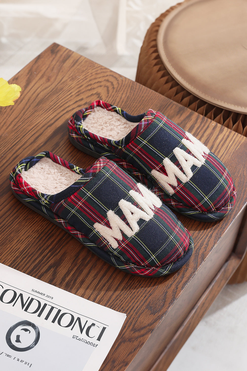 Duffel Green Retro Plaid MAMA Plush Liner Winter House Slippers