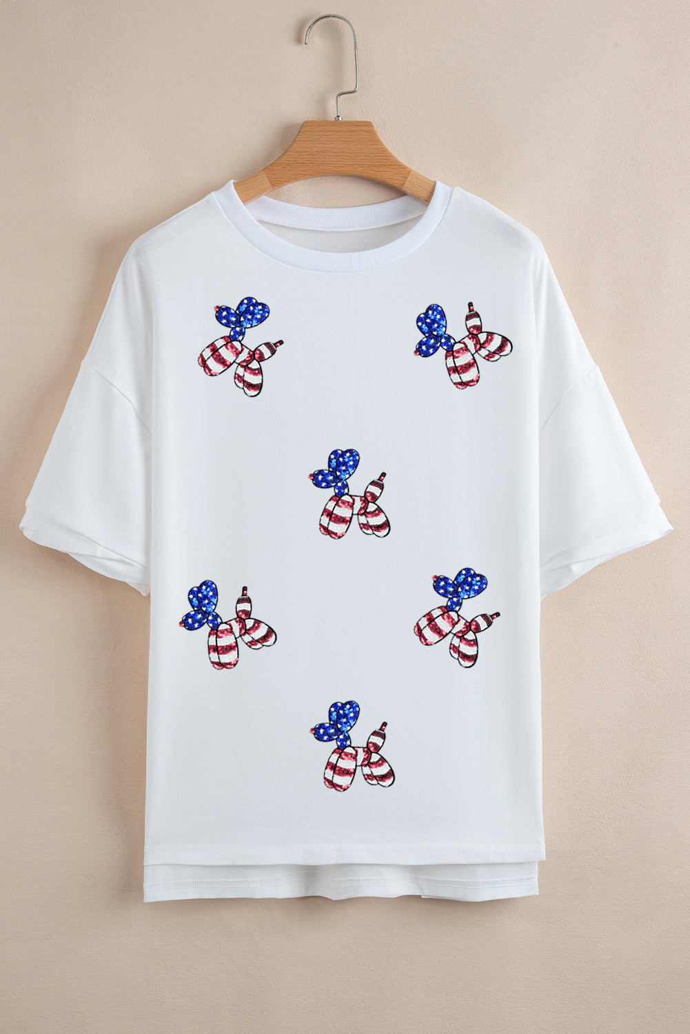White Sequin USA Flag Balloon Puppy Graphic Drop Shoulder High Low Tee