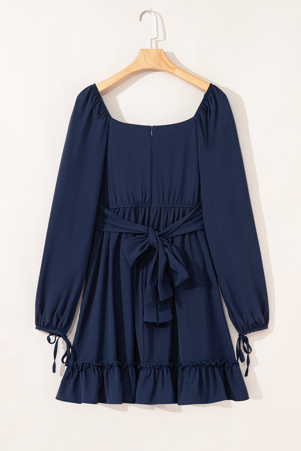Blue White Plain Ruffled High Waist Square Neck Mini Dress