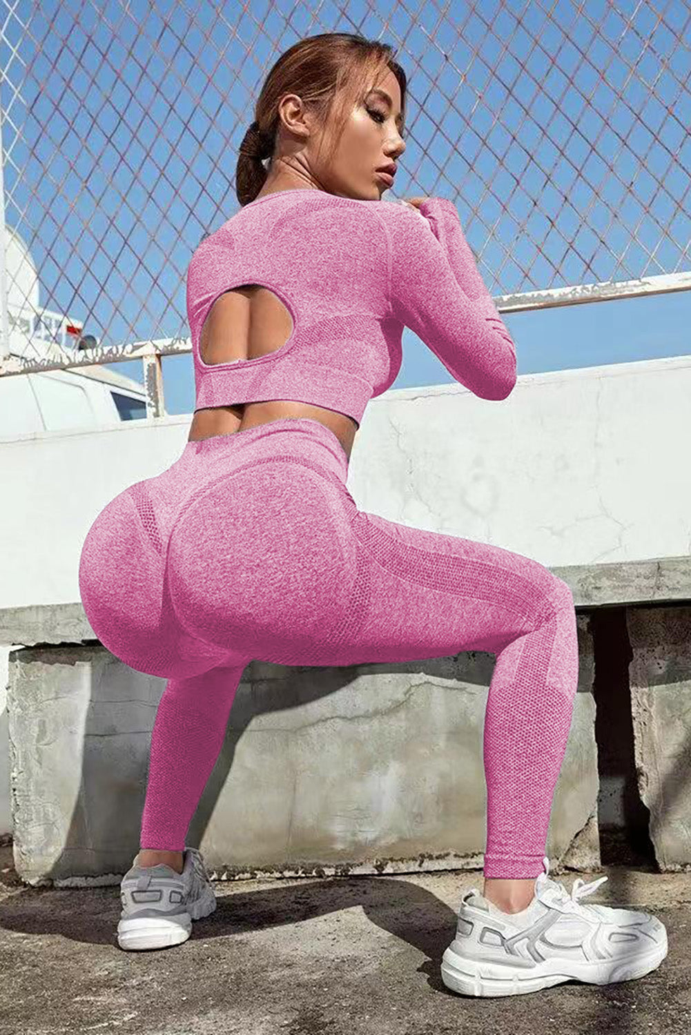 Bright Pink Solid Color Long Sleeve Crop Top Leggings Yoga Sports Set