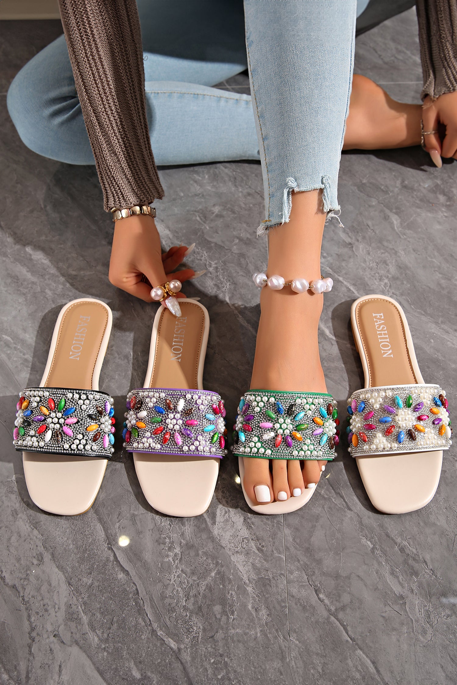 Dark Green Rhinestone Pearl Decoration Square Head Beach Slippers