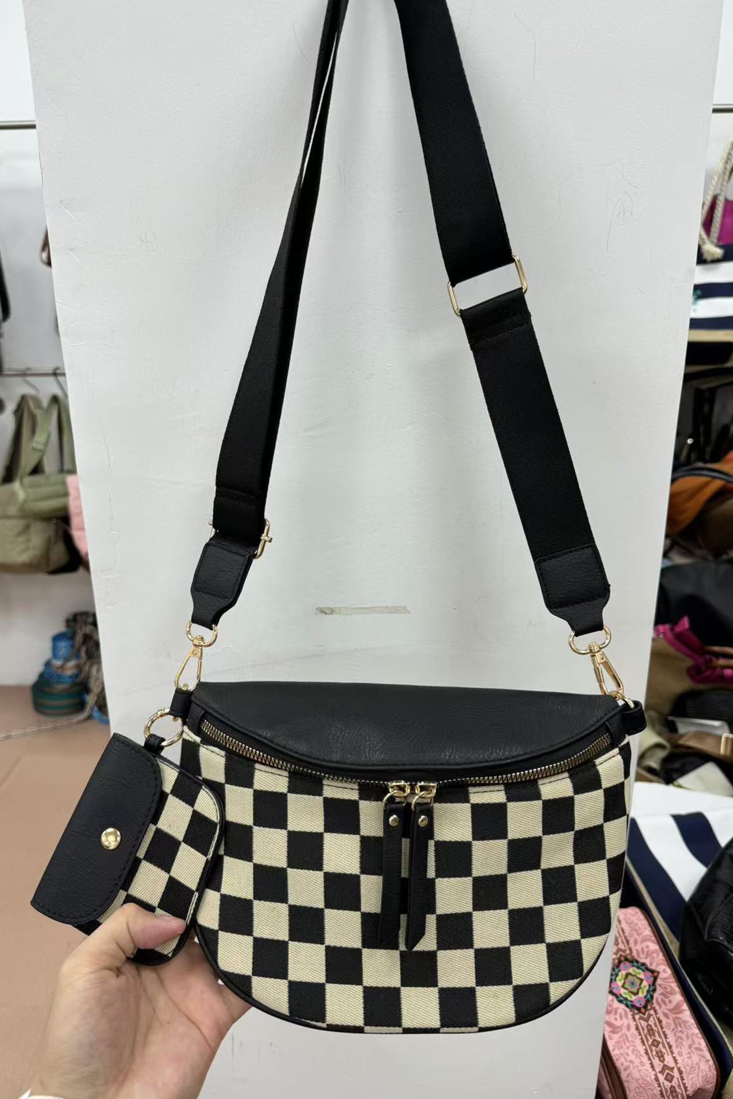 Black PU Leather Checkered Knit Patchwork Wallet Attached Shoulder Bag