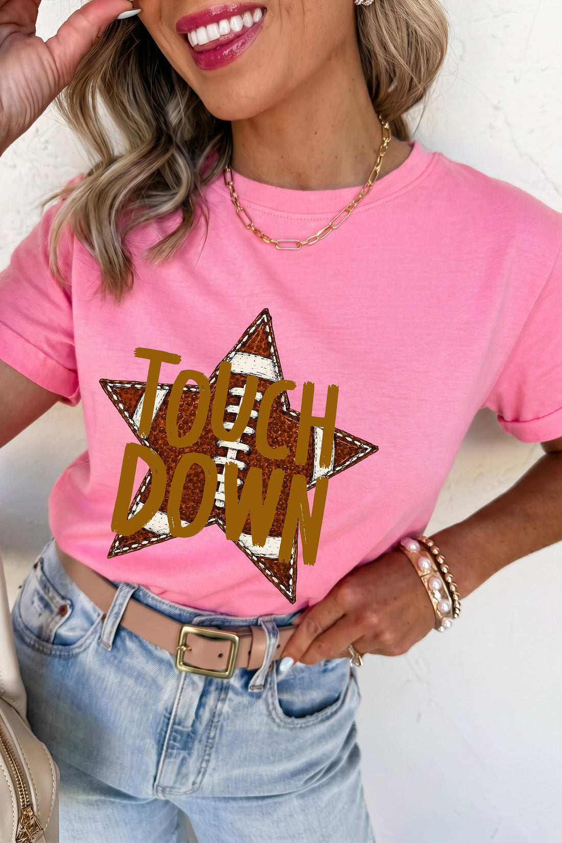 Sachet Pink TOUCHDOWN Game Day Slogan Graphic Tee
