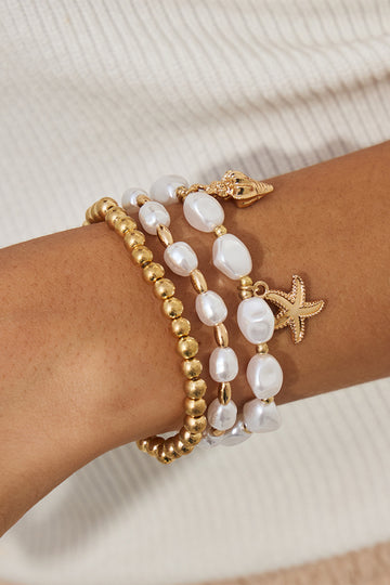 Gold Alloy Pearl Beading Coastal Vacation 3pcs Bracelet Set